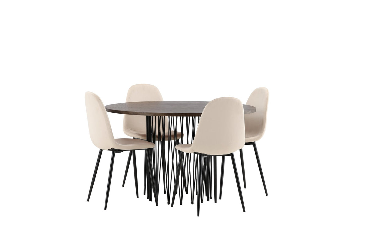 Rundes Esszimmerset mit Steinlook-Tisch aus MDF und Mocca-Furnier, schwarzem Metallgestell und vier Limhamn-Stühlen mit beigem Samtbezug.