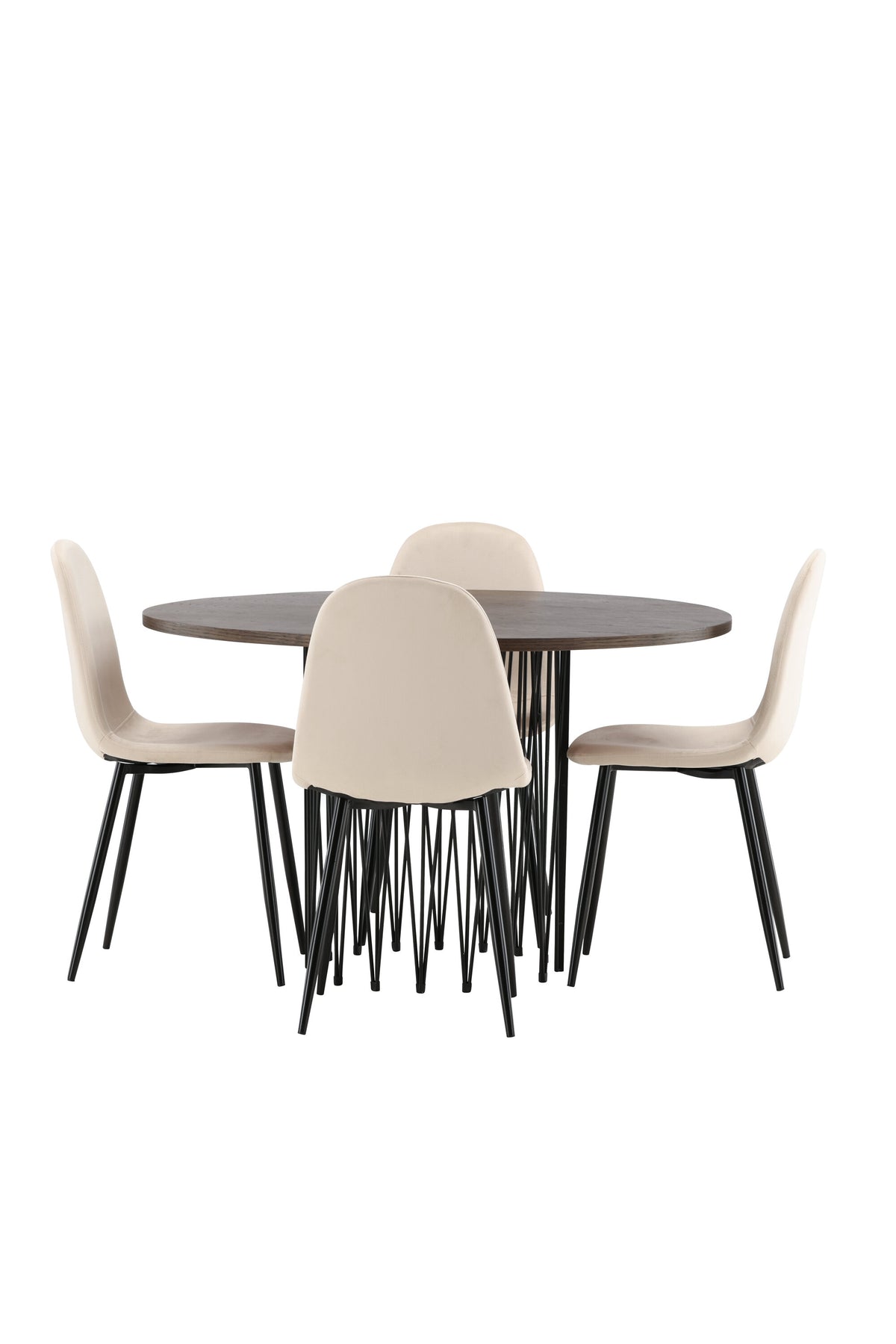 Rundes Esszimmerset mit Steinlook-Tisch aus MDF und Mocca-Furnier, schwarzem Metallgestell und vier Limhamn-Stühlen mit beigem Samtbezug.