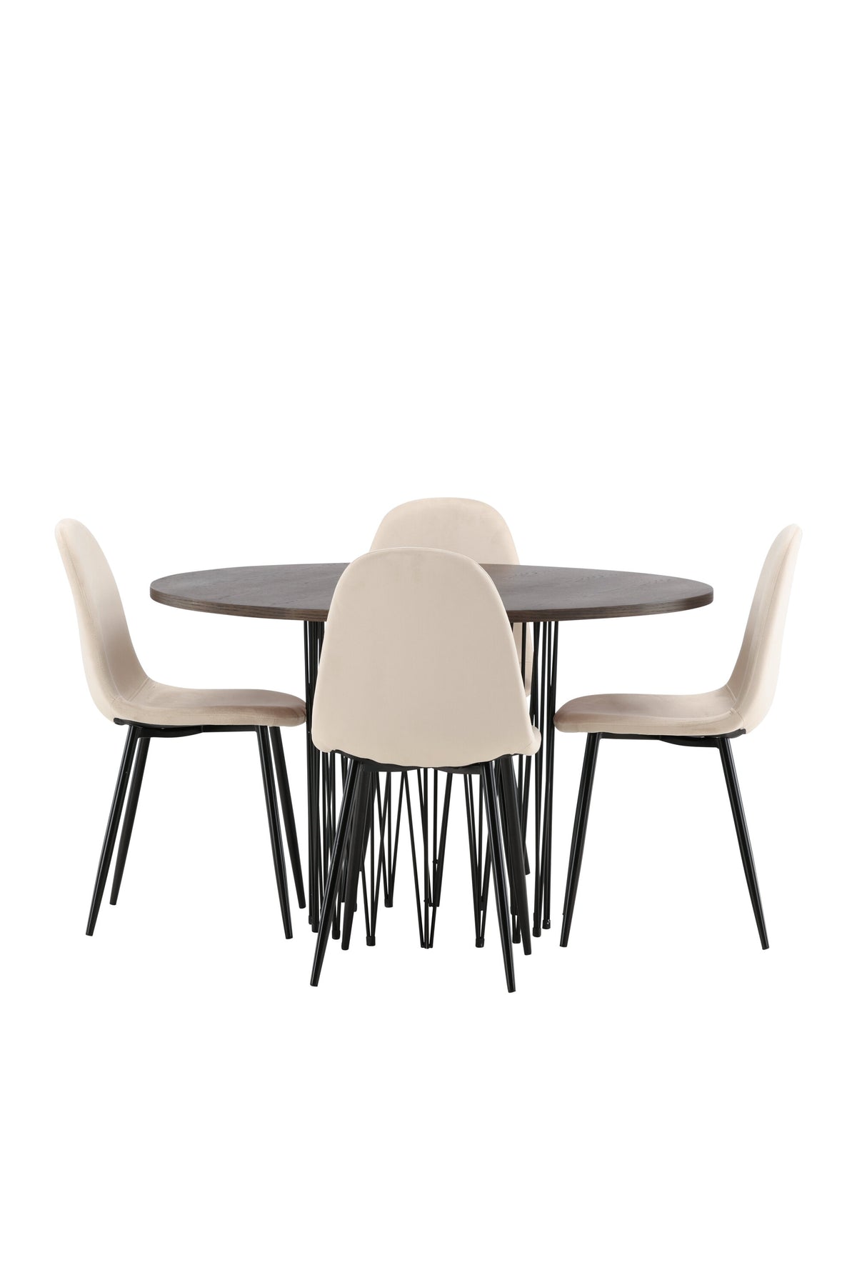 Rundes Esszimmerset mit Steinlook-Tisch aus MDF und Mocca-Furnier, schwarzem Metallgestell und vier Limhamn-Stühlen mit beigem Samtbezug.