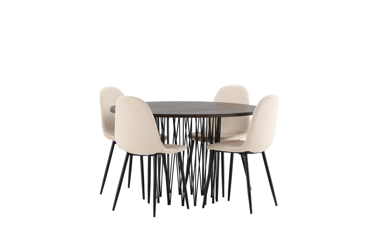 Rundes Esszimmerset mit Steinlook-Tisch aus MDF und Mocca-Furnier, schwarzem Metallgestell und vier Limhamn-Stühlen mit beigem Samtbezug.