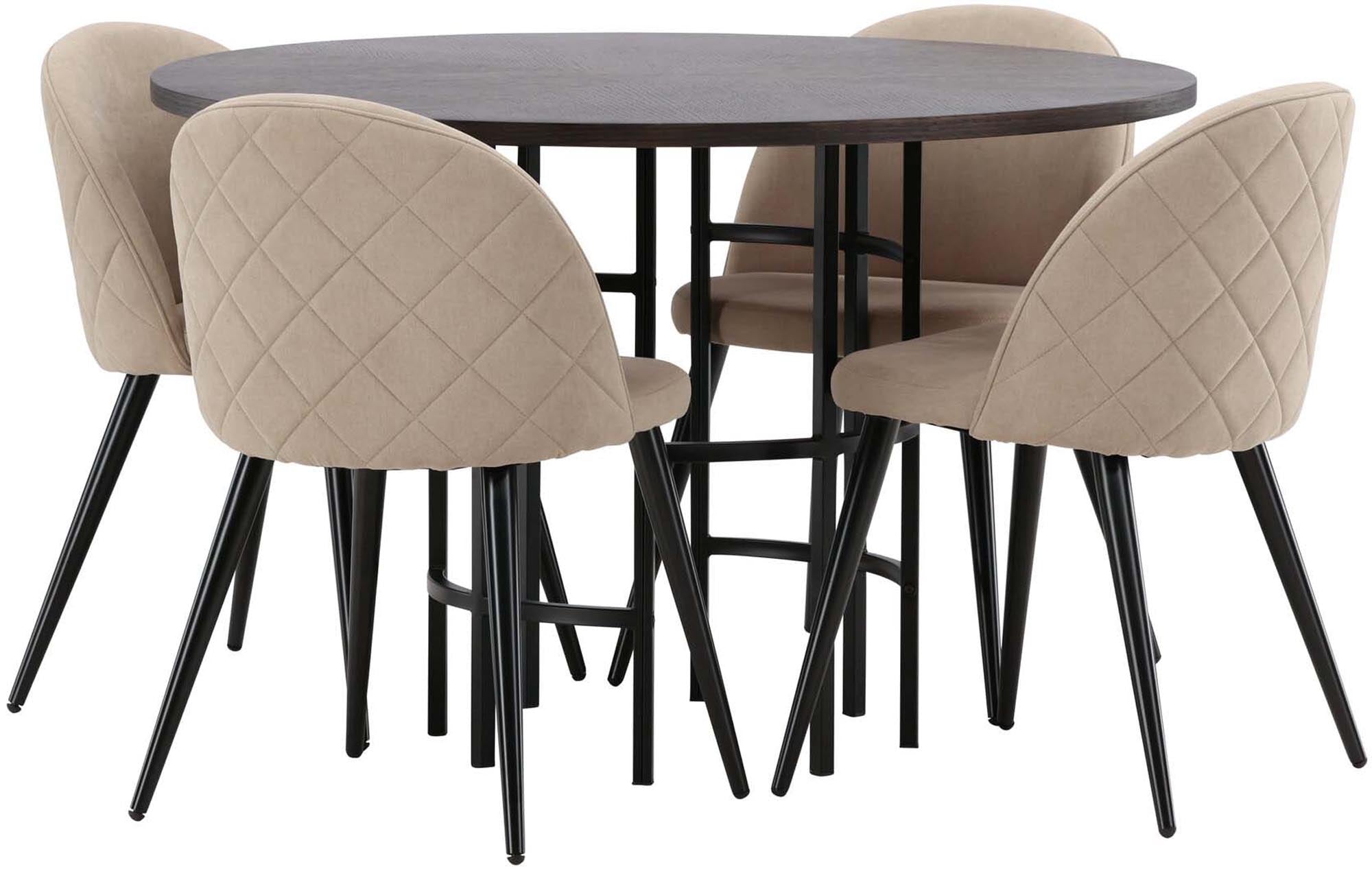 Esszimmerset Copenhagen + Velvet: Moderner runder Tisch mit 4 eleganten Samtstühlen für gemütliche Abende und stilvolle Esszimmergestaltung.