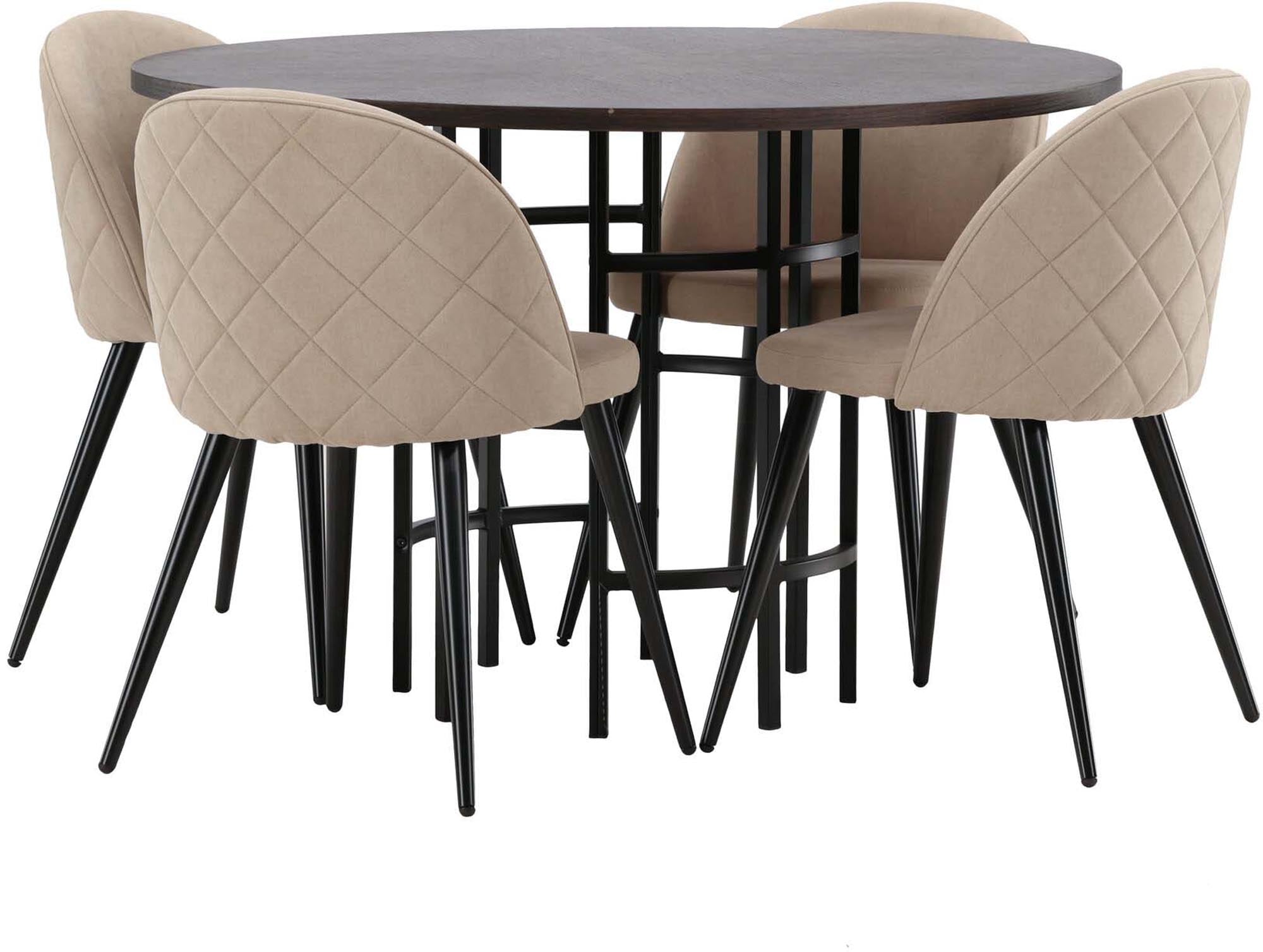 Modernes Esszimmerset Copenhagen + Velvet: Runder Tisch für 4, stilvolle Stühle, ideal für gesellige Abende und elegantes Wohnen.