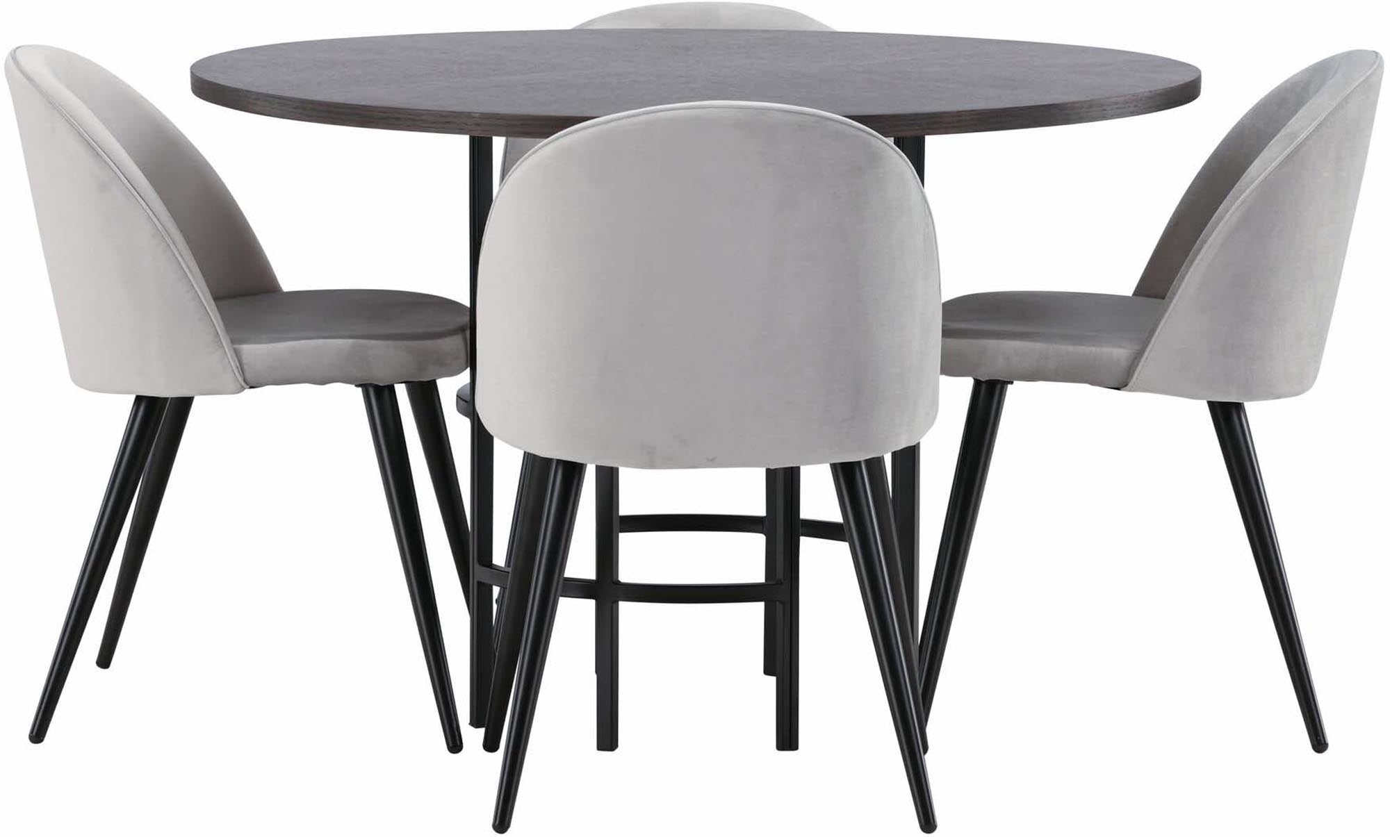 Esszimmerset Copenhagen + Velvet: Eleganter runder Tisch und bequeme Samtstühle für einladende Familienessen und stilvolle Momente.