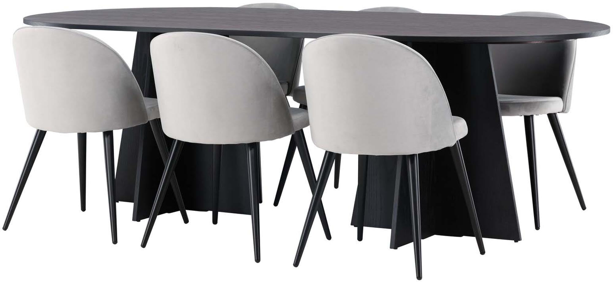 Stilvolles Bootcut Esszimmerset mit ovalem Tisch und 6 gepolsterten Velvet-Stühlen für gemütliche Essmomente.