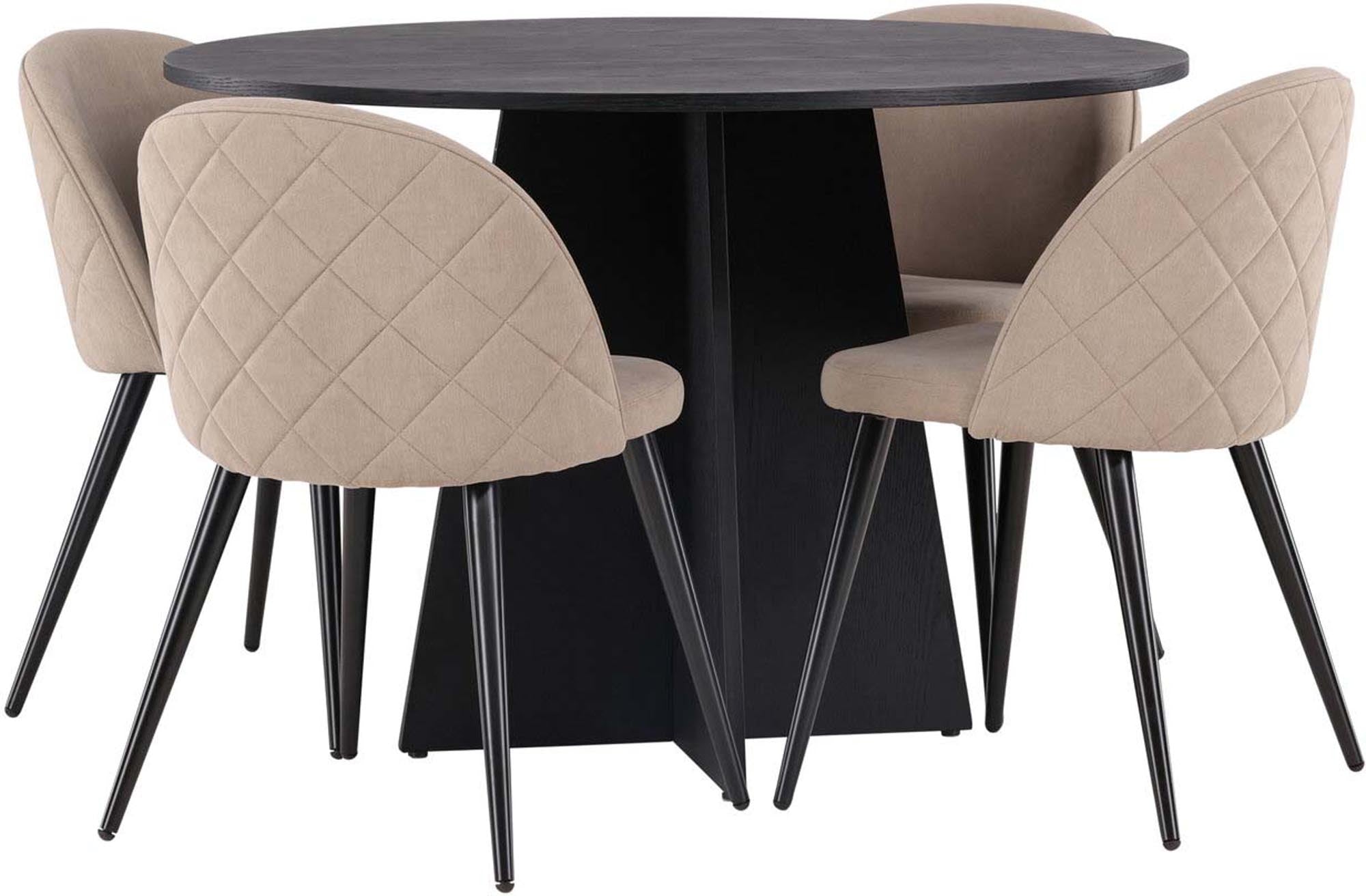 Elegantes Bootcut Esszimmerset mit runder MDF-Tischplatte und luxuriösen Velvet-Stühlen für stilvolle Esszimmermomente und gesellige Runden.