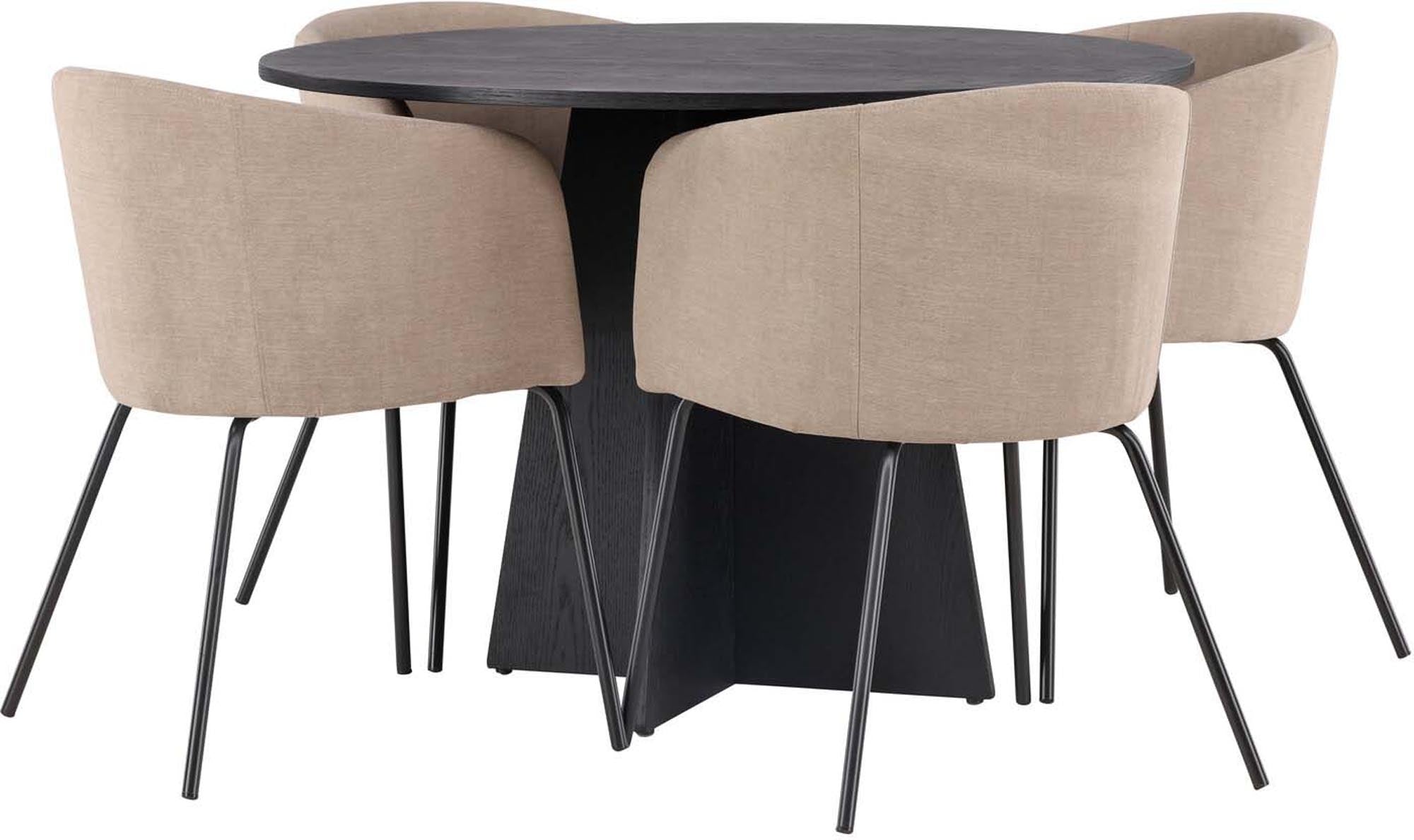 Stilvolles Bootcut Esszimmerset mit runden Tisch (110cm) und 4 bequemen Berit Stühlen. Perfekt für gesellige Abende und modernes Wohnen.