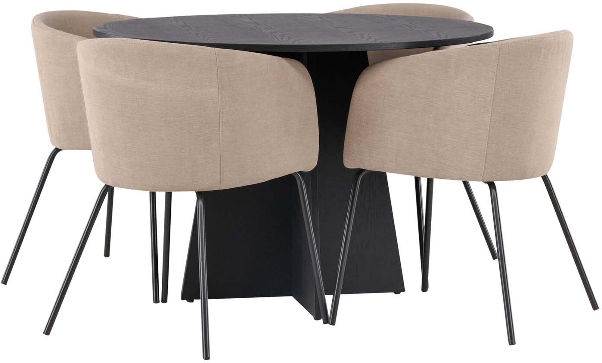 Stilvolles Bootcut Esszimmerset mit runden Tisch (110cm) und 4 bequemen Berit Stühlen. Perfekt für gesellige Abende und modernes Wohnen.