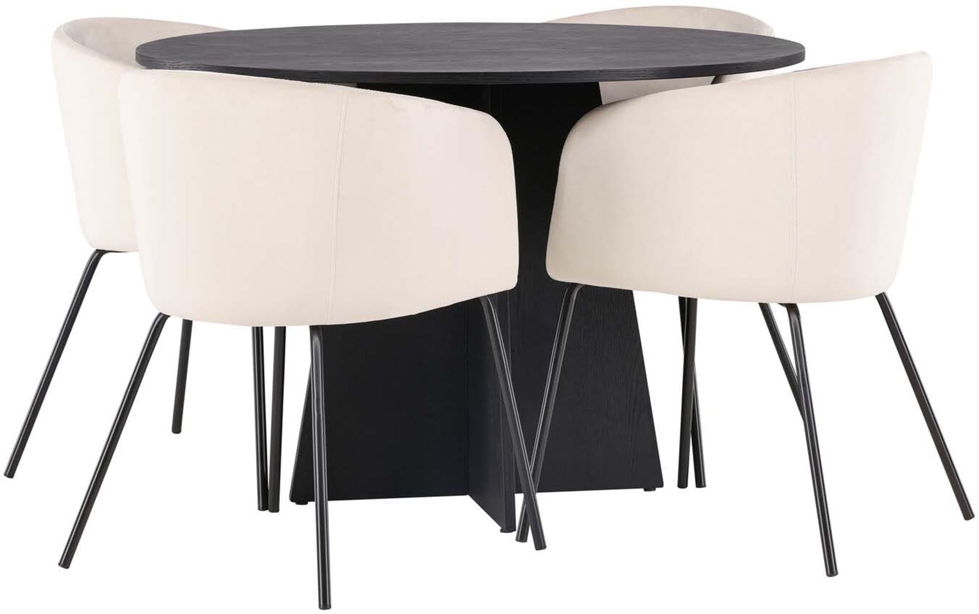 Stilvolles Bootcut Esszimmerset mit runden Tisch (110cm) und 4 bequemen Berit Stühlen. Perfekt für gesellige Abende und modernes Wohnen.