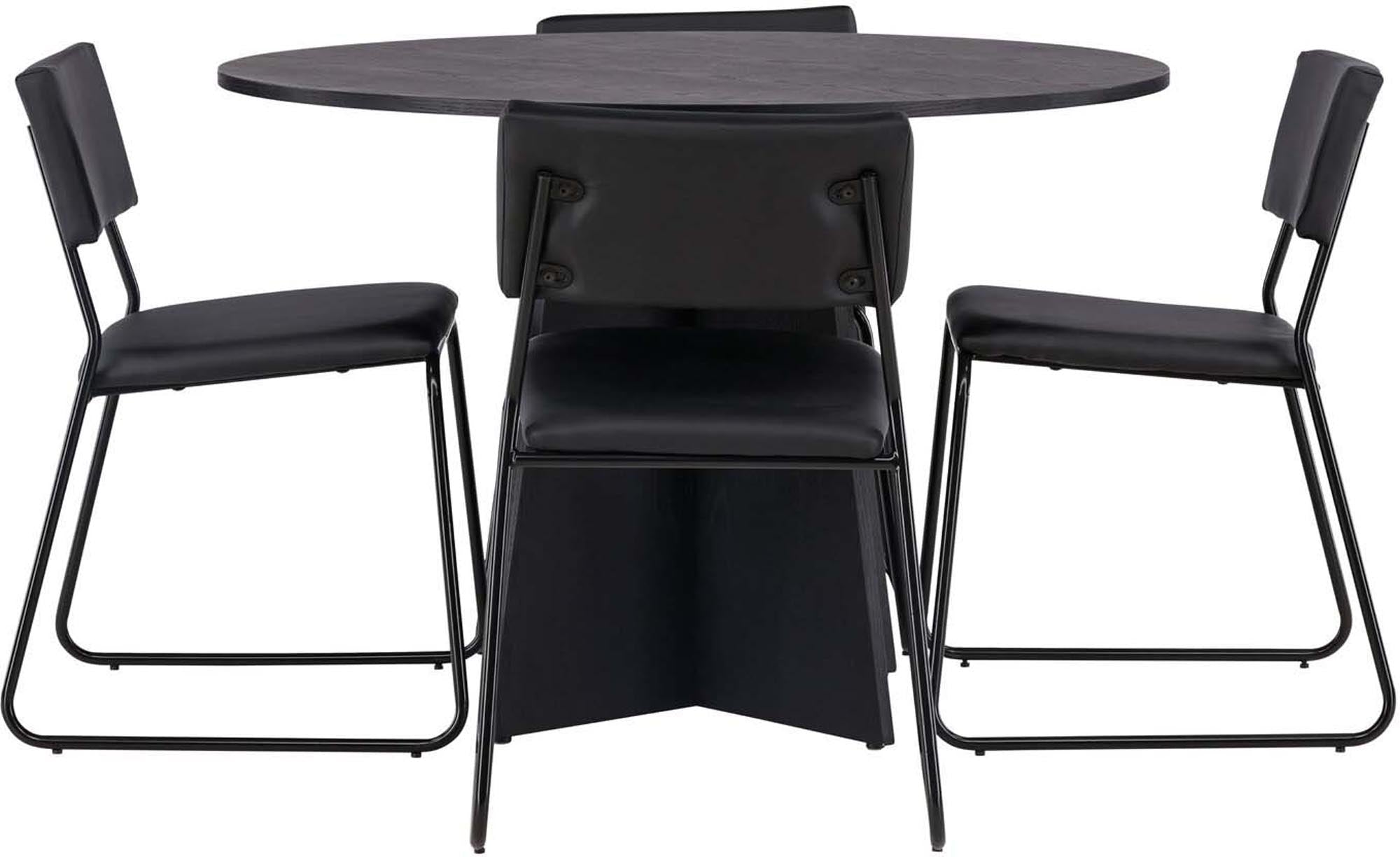 Entdecken Sie das Bootcut Esszimmerset von Venture Home: Ein eleganter runder Tisch (110 cm) und 4 komfortable Kenth-Stühle für stilvolle Essbereiche.