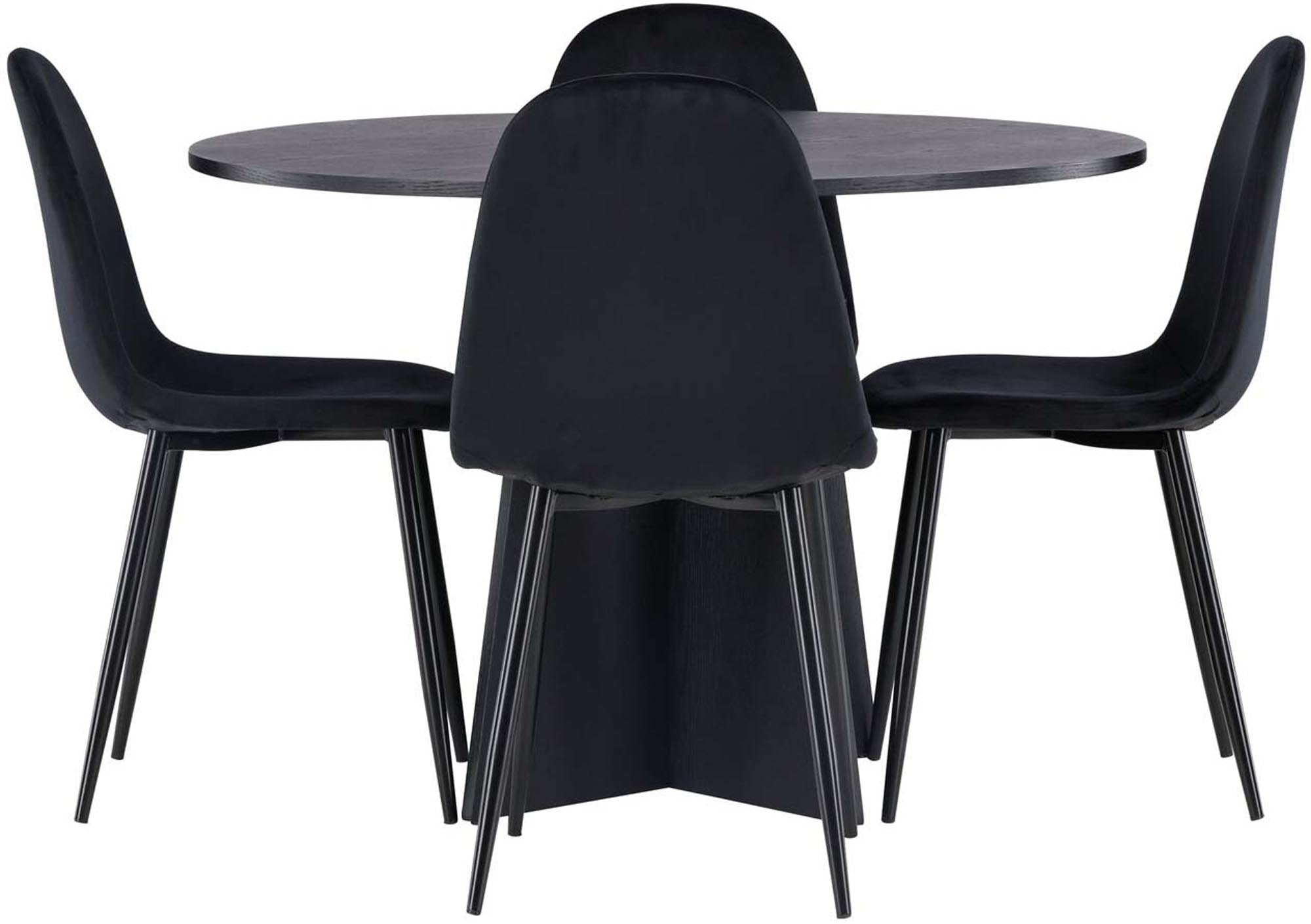 Entdecken Sie das Bootcut Esszimmerset + Polar von Venture Home. Eleganter runder Esstisch und stilvolle schwarze Stühle für Ihr modernes Esszimmer.