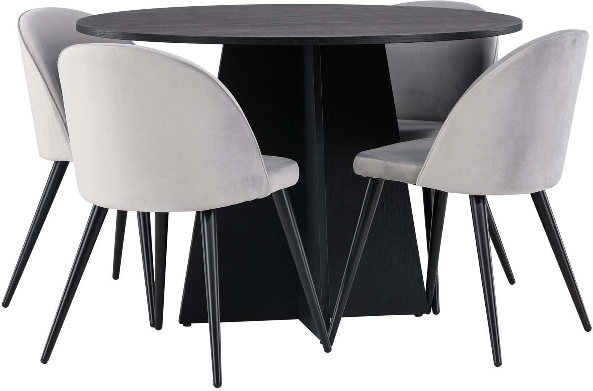 Stilvolles Bootcut Esszimmerset mit runden Tisch und luxuriösen Velvet-Stühlen, ideal für gesellige Abende und modernes Wohnen.