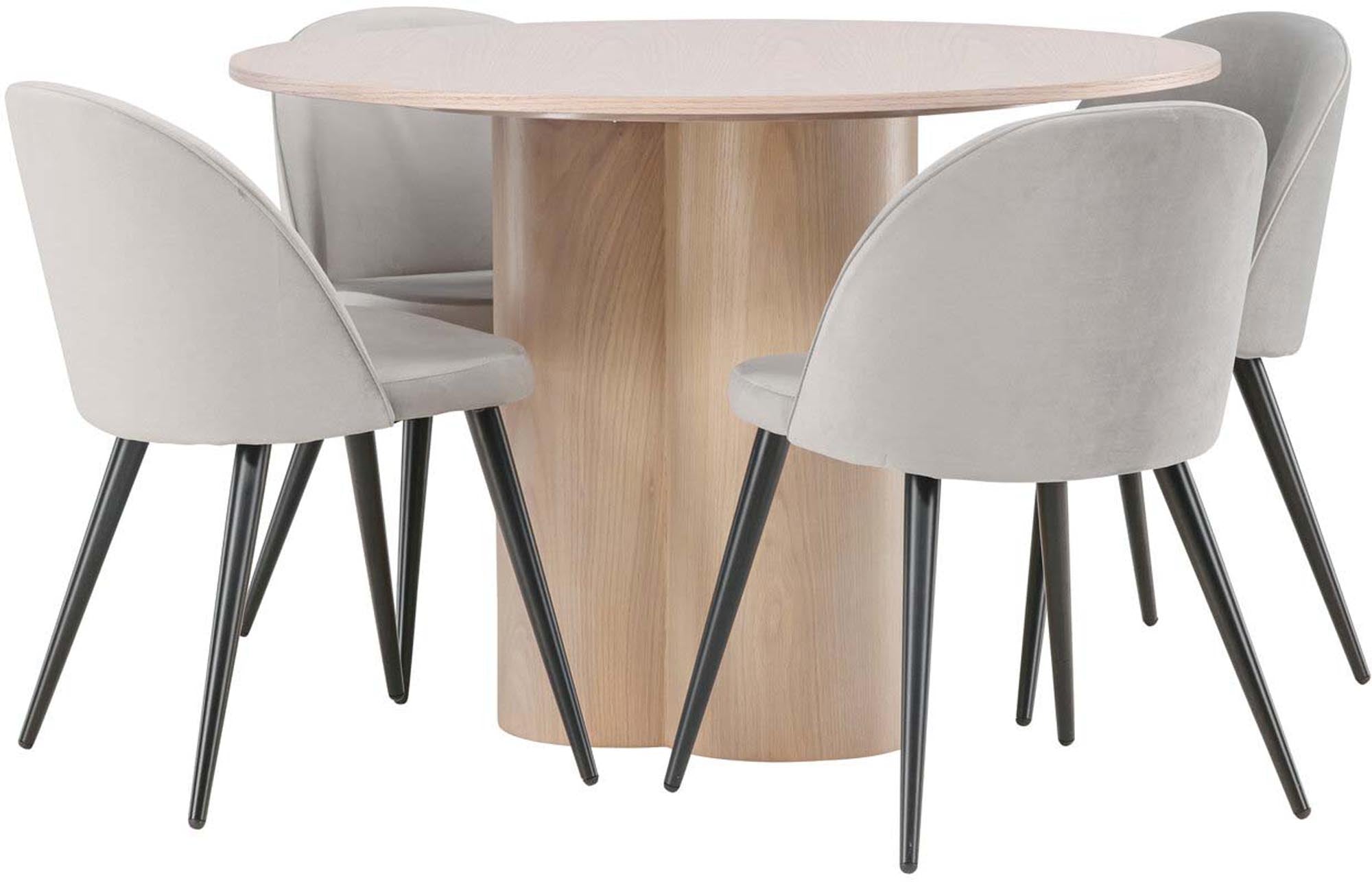 Stilvolles Olivia Esszimmer Set von Venture Home: Runder 110 cm Tisch und 4 luxuriöse Velvet-Stühle für unvergessliche Momente.