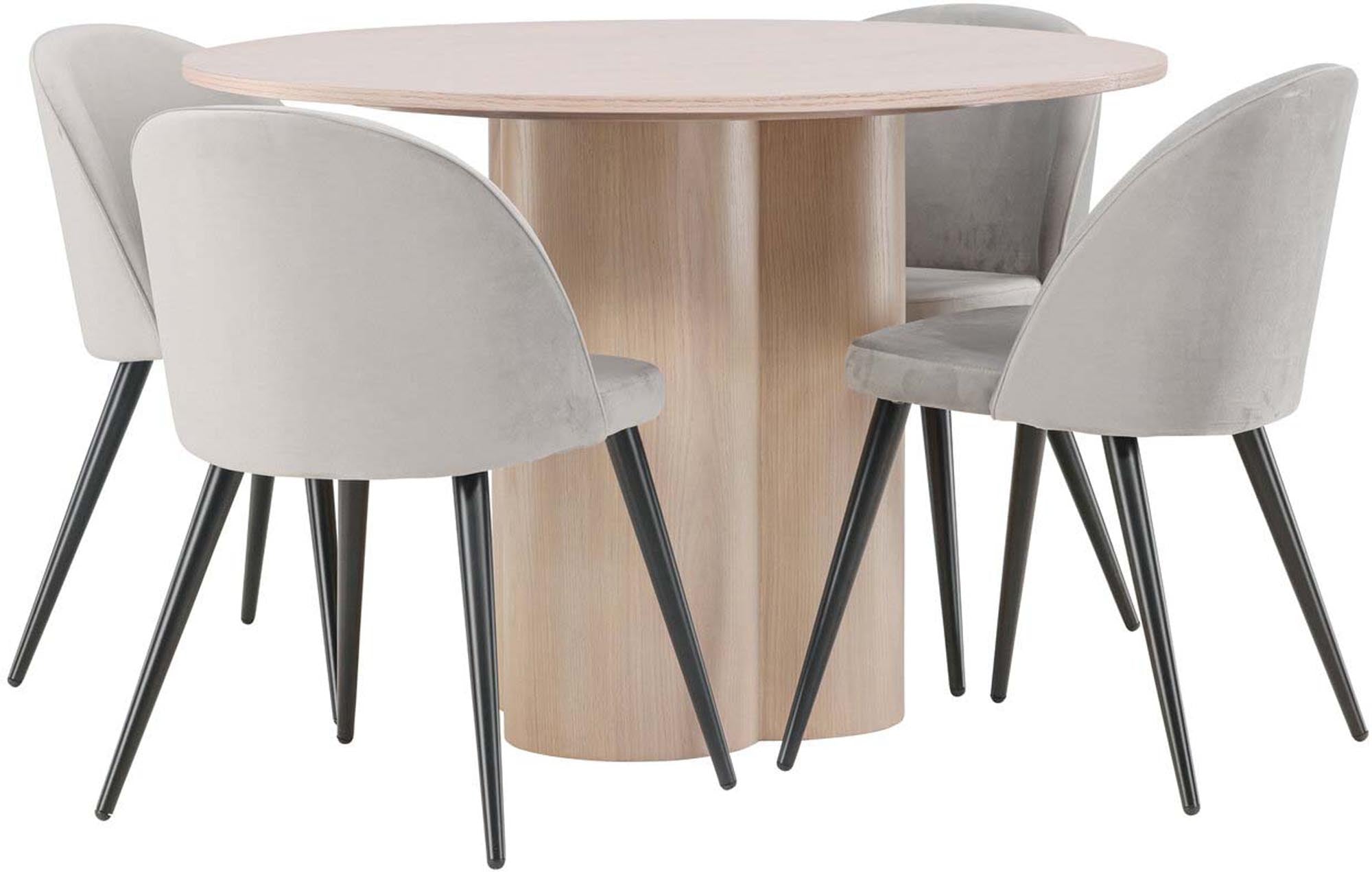 Elegantes Olivia Esszimmer Set mit runden 110 cm Tisch und 4 bequemen Velvet-Stühlen. Ideal für stilvolle Esszimmergestaltung.