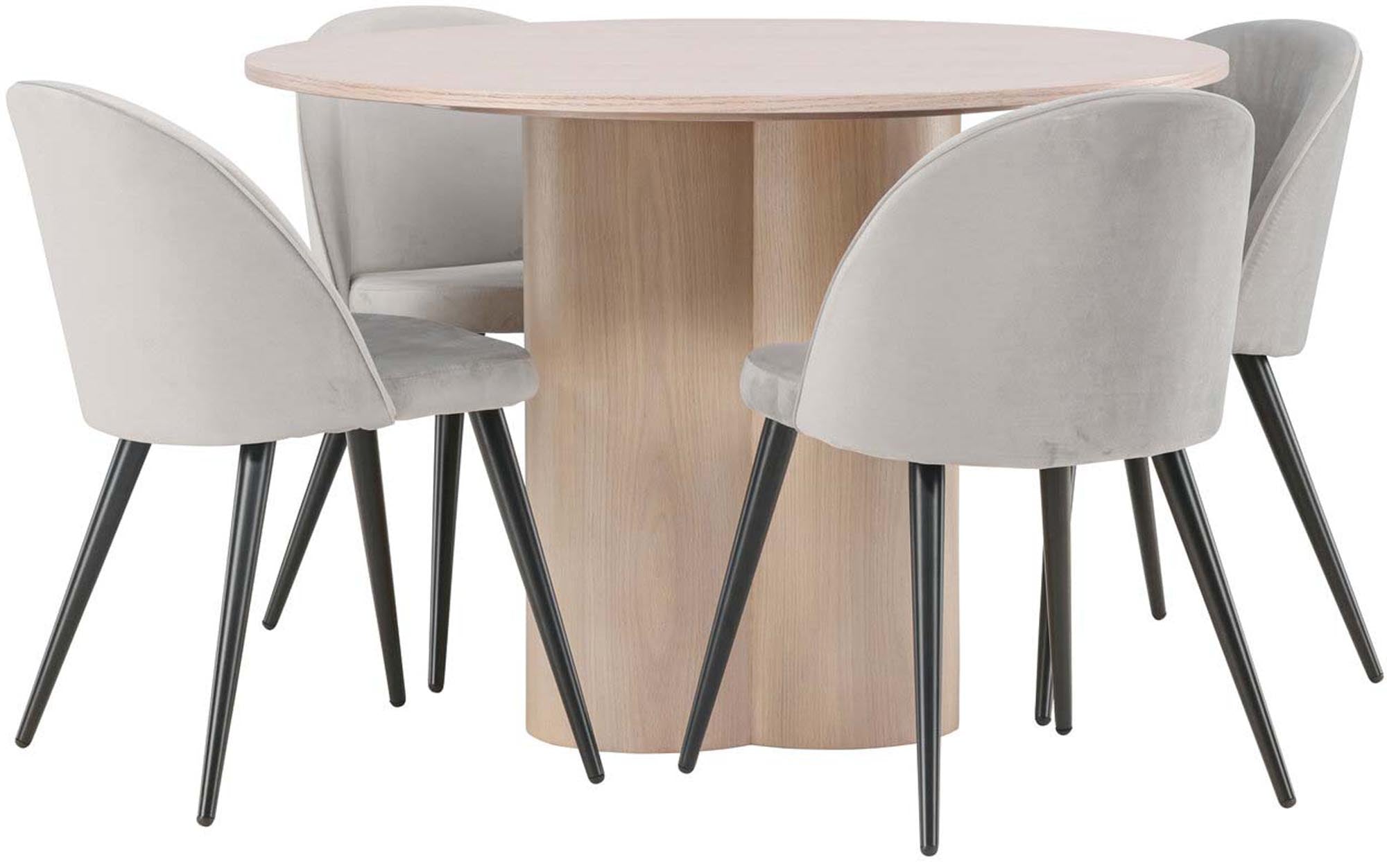 Stilvolles Olivia Esszimmer Set mit 110 cm runden Tisch und 4 luxuriösen Velvet-Stühlen. Perfekt für gesellige Abende und elegantes Wohnen.