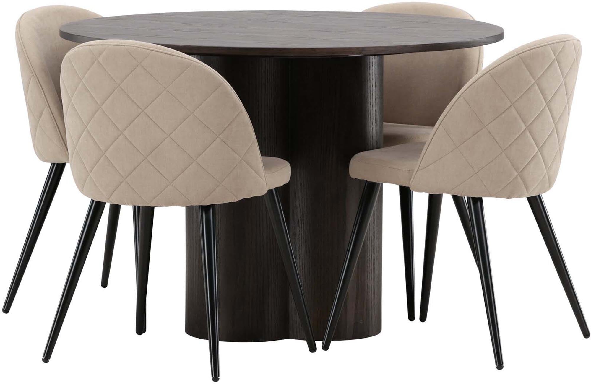 Erleben Sie das stilvolle Olivia Esszimmer Set mit einem runden 110 cm Tisch und luxuriösen Velvet-Stühlen – perfekt für gesellige Abende und elegantes Wohnen.