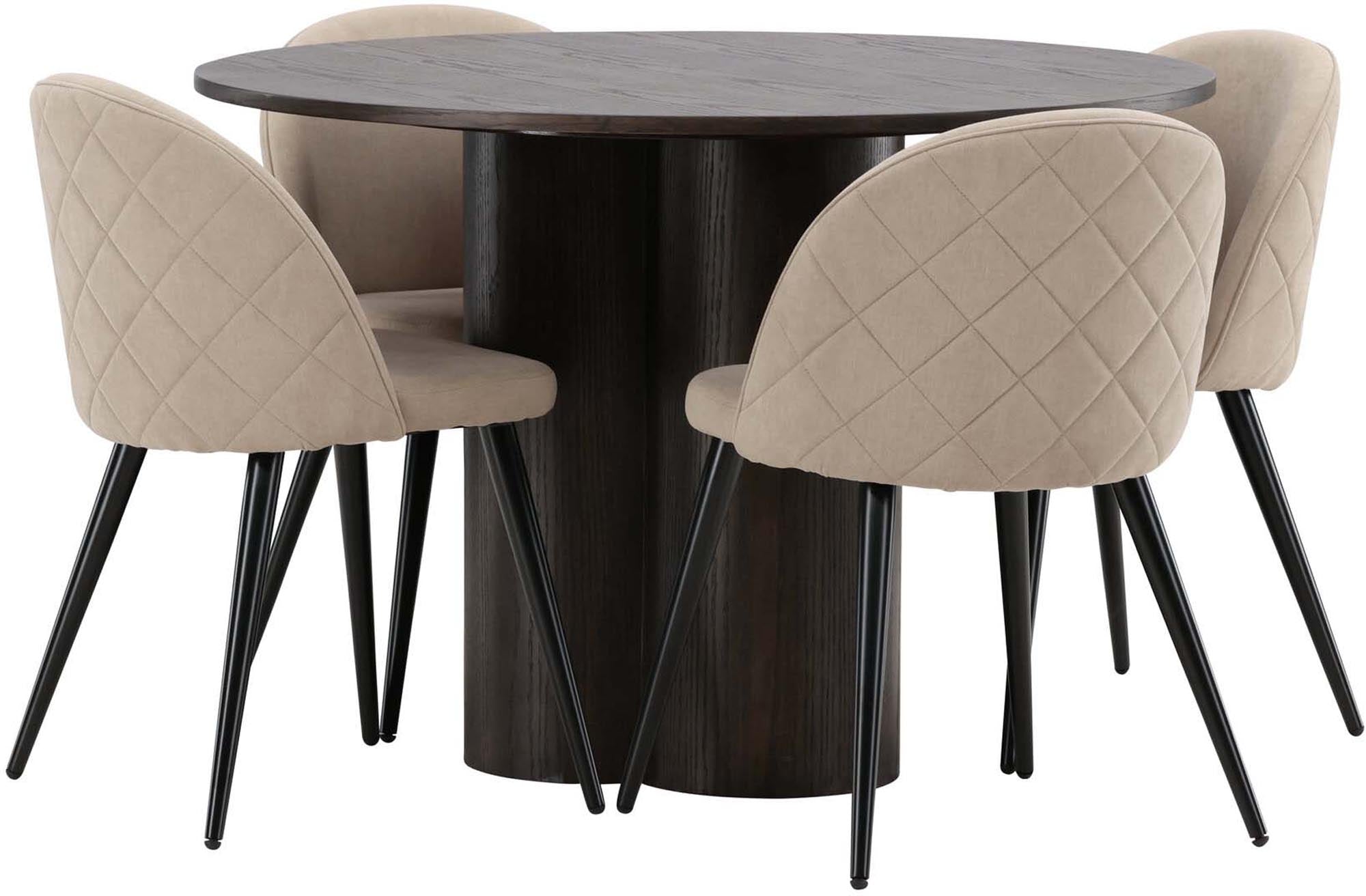 Entdecken Sie das elegante Olivia Esszimmer Set mit einem 110 cm runden Tisch und bequemen Velvet-Stühlen – ideal für stilvolle Dinner und gesellige Runden.