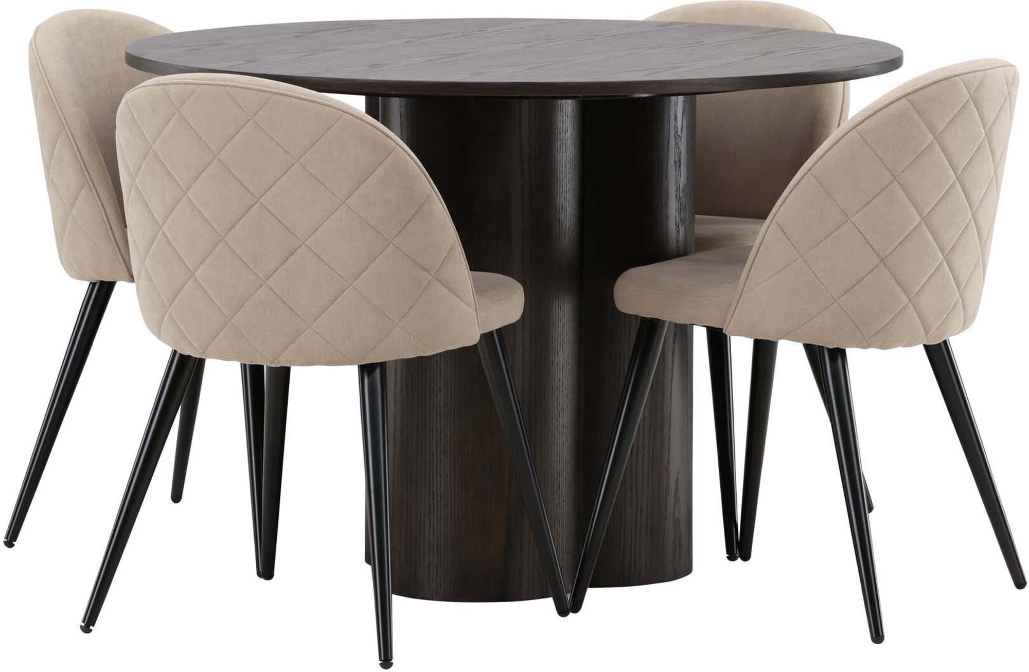 Entdecken Sie das Olivia Esszimmer Set von Venture Home: Ein eleganter runder Tisch und luxuriöse Velvet-Stühle für gesellige Abende.