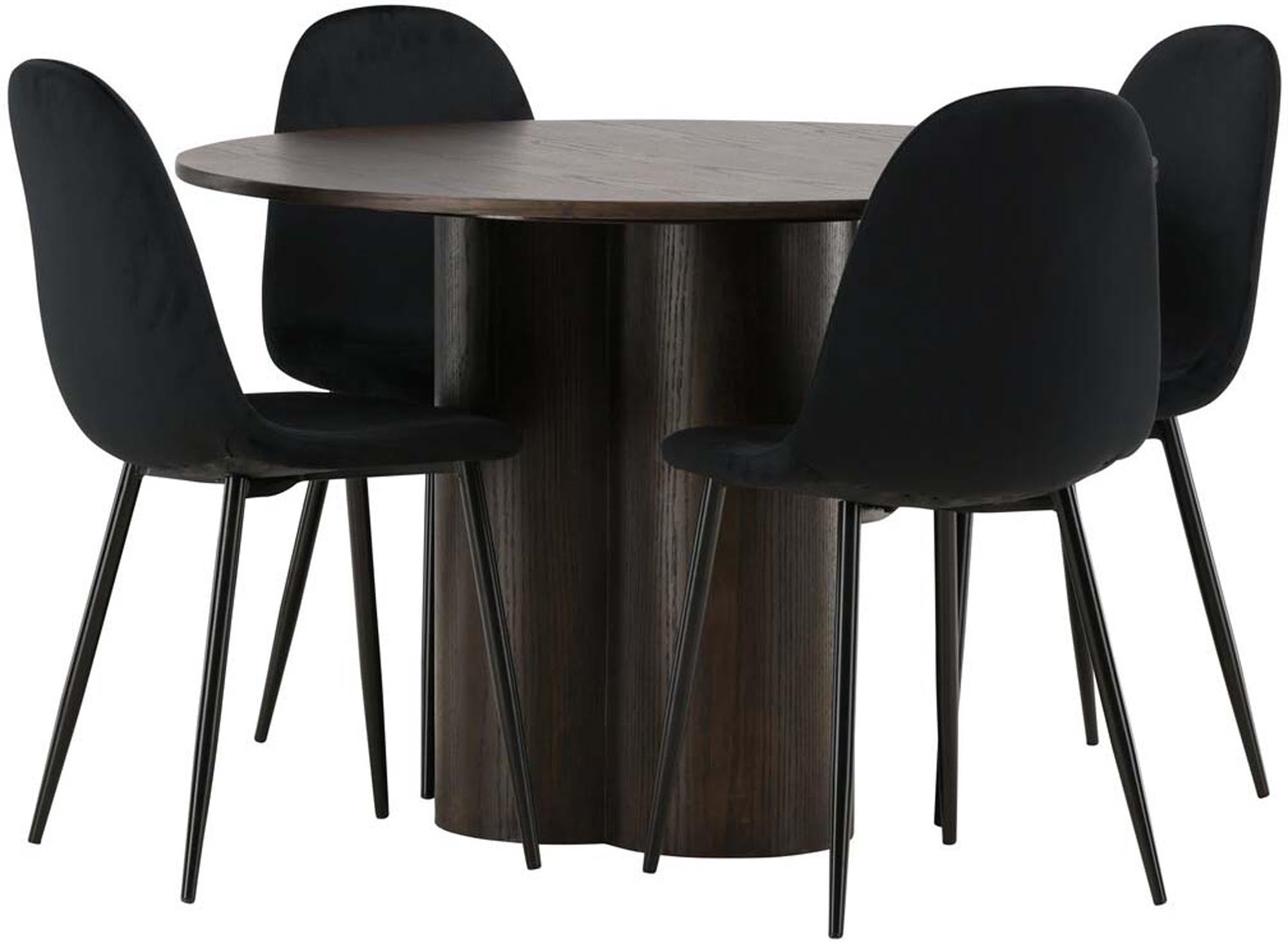 Stilvolles Olivia Esszimmer Set mit elegantem Polar Tisch und bequemen Samtstühlen. Perfekt für gesellige Abende und einladende Atmosphäre.