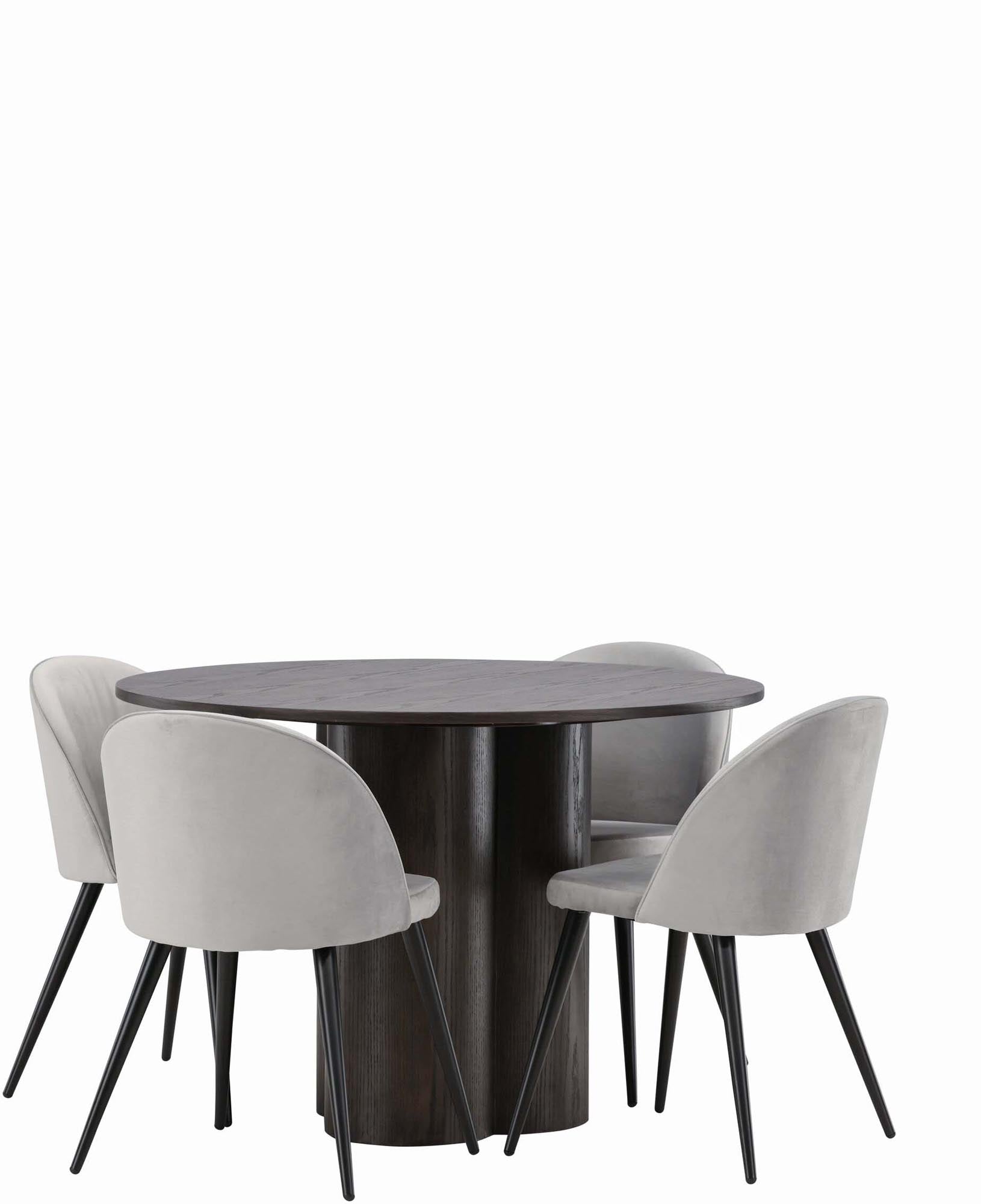 Elegantes Olivia Esszimmer Set mit runden Tisch und bequemen Velvet-Stühlen für 4 Personen, ideal für gesellige Abende.