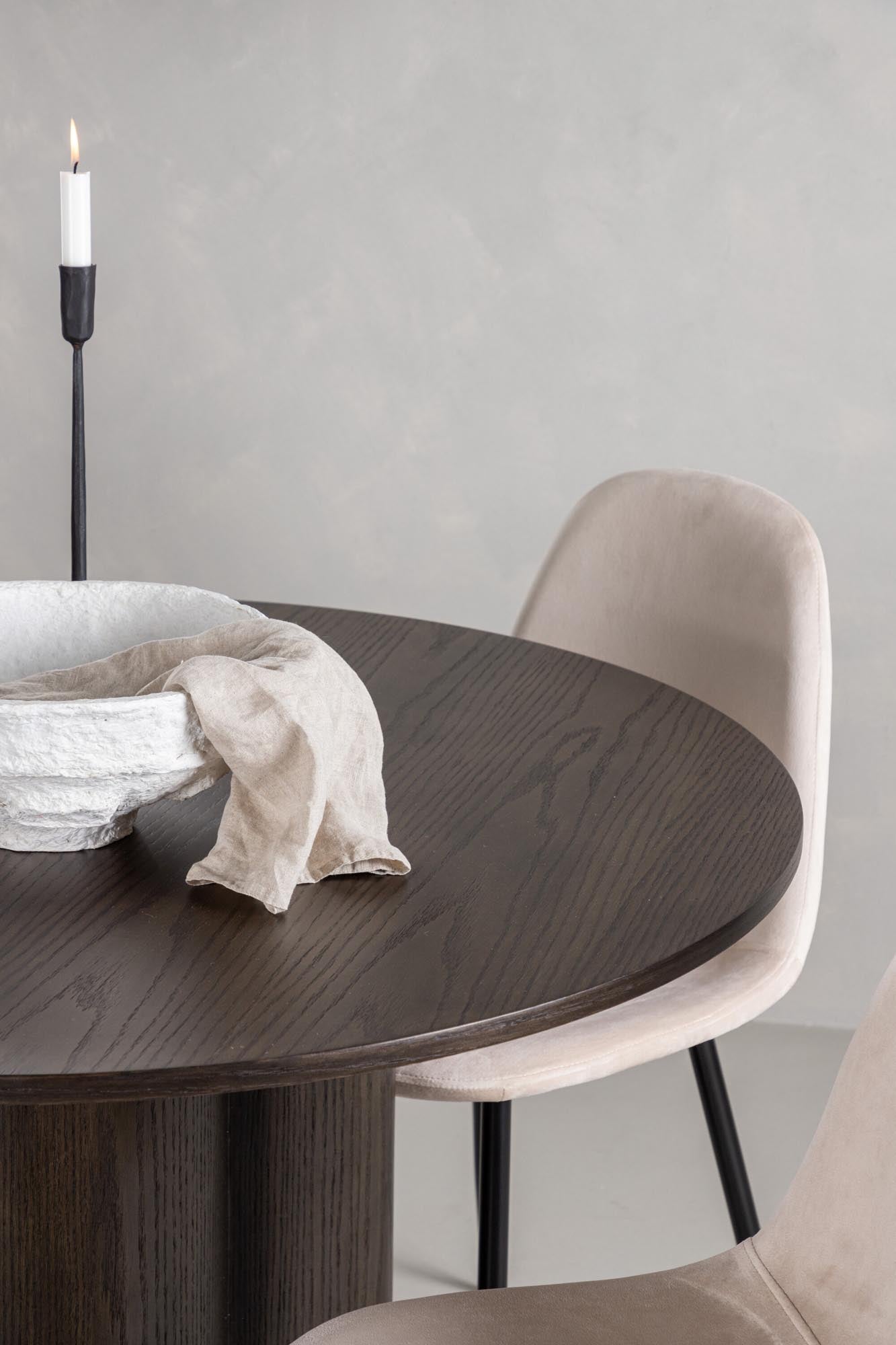 Stilvolles Olivia Esszimmer Set: Eleganter Mokka-Tisch & bequeme Polar-Samtstühle für gesellige Abende.