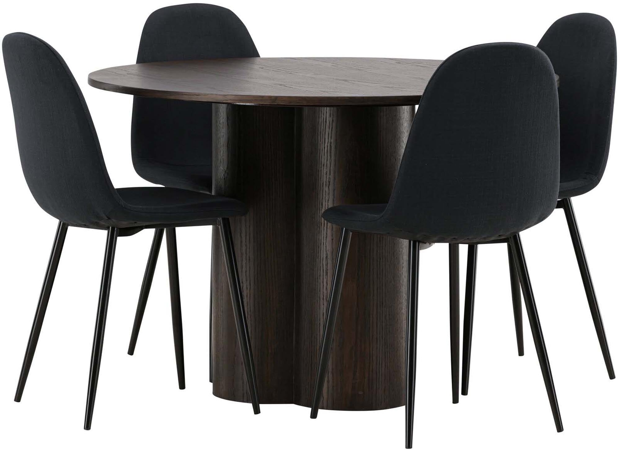 Stilvolles Olivia Esszimmer Set mit runden 110 cm Tisch und 4 bequemen Polar-Stühlen. Perfekt für gesellige Abende und ein modernes Zuhause.