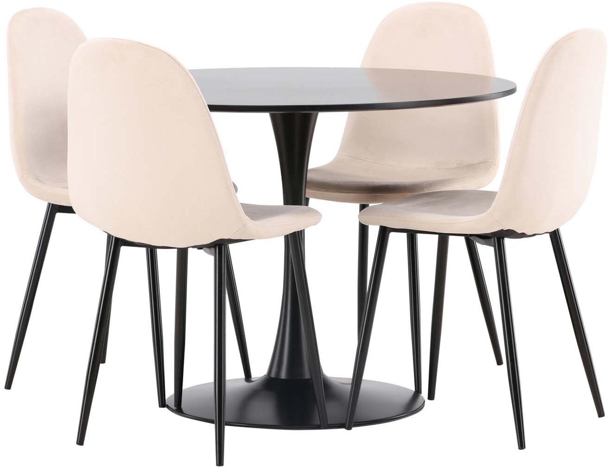 Erleben Sie das Glade Esszimmerset von Venture Home: stilvoller runder Tisch (100 cm) und 4 komfortable Stühle im modernen skandinavischen Design.
