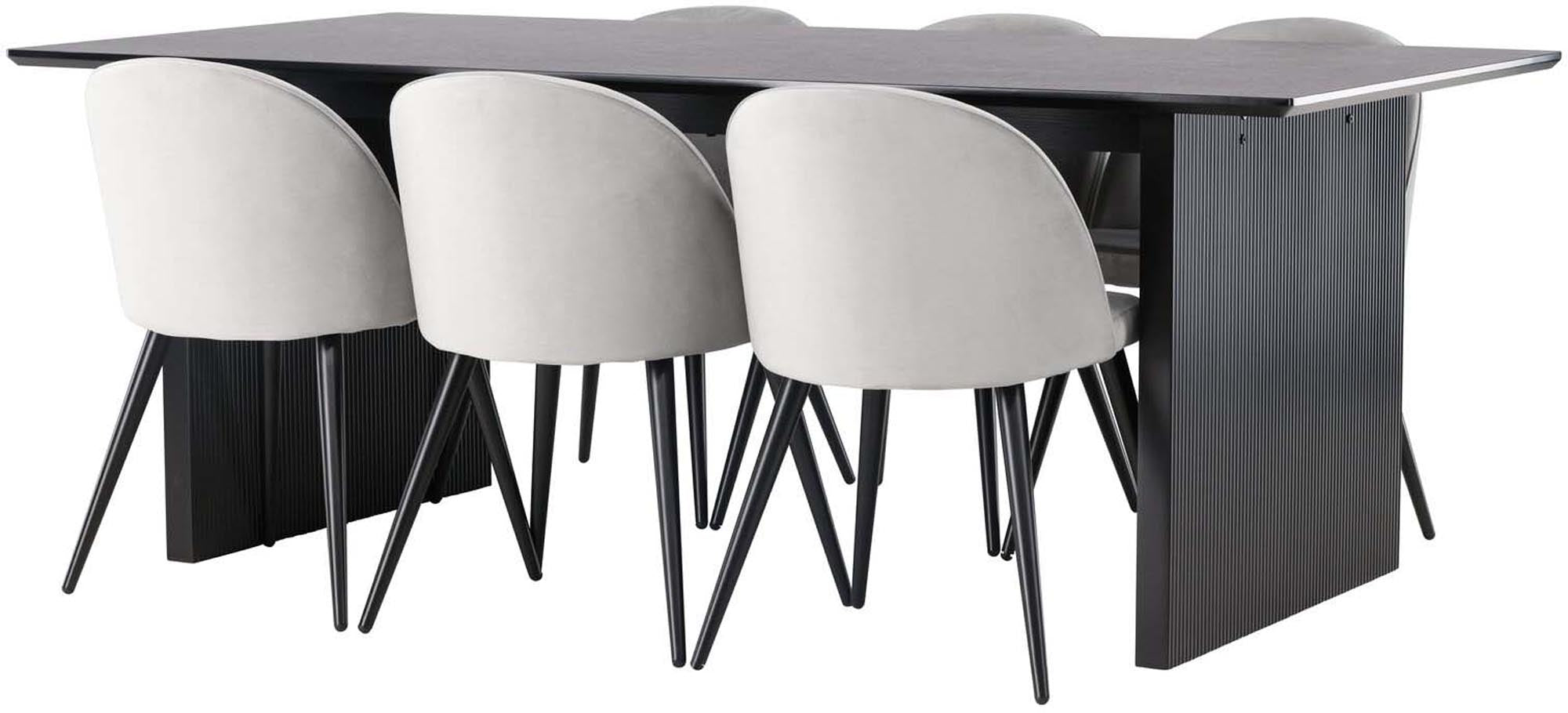 Vail Esszimmerset: Moderner 200cm Tisch mit 6 bequemen Velvet-Stühlen. Perfekt für gesellige Runden und stilvolle Essbereiche.