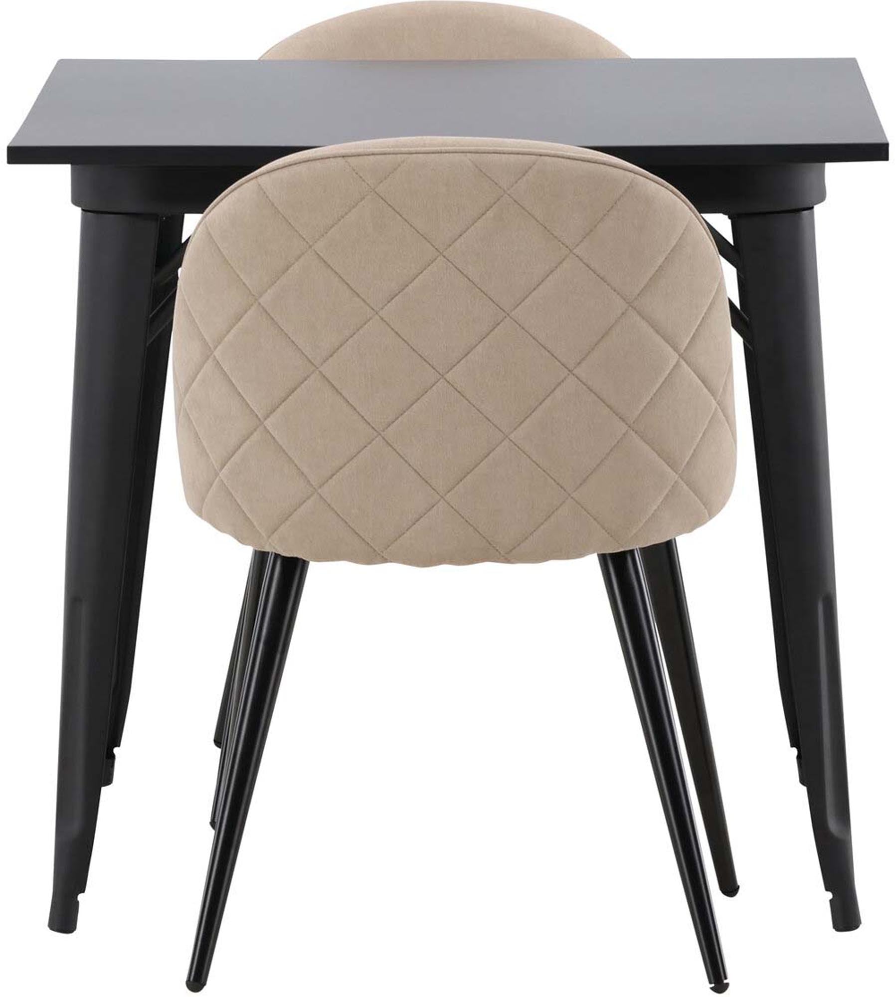 Entdecken Sie das elegante Tempe Esszimmerset von Venture Home: Ein 80cm Tisch aus MDF und zwei stilvolle Velvet-Stühle für Ihr Zuhause.