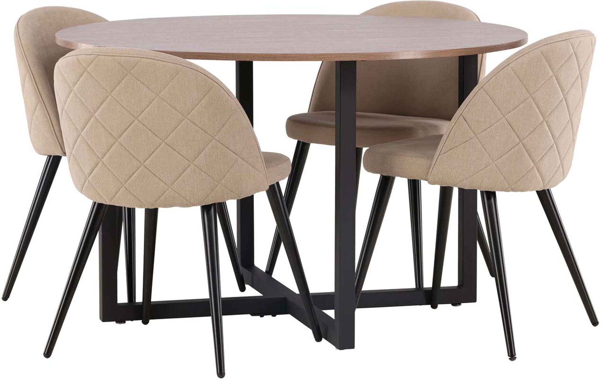 Stilvolles Durango Esszimmerset mit runder Tischplatte und gepolsterten Velvet-Stühlen. Ideal für gesellige Abende und modernes Wohnen.