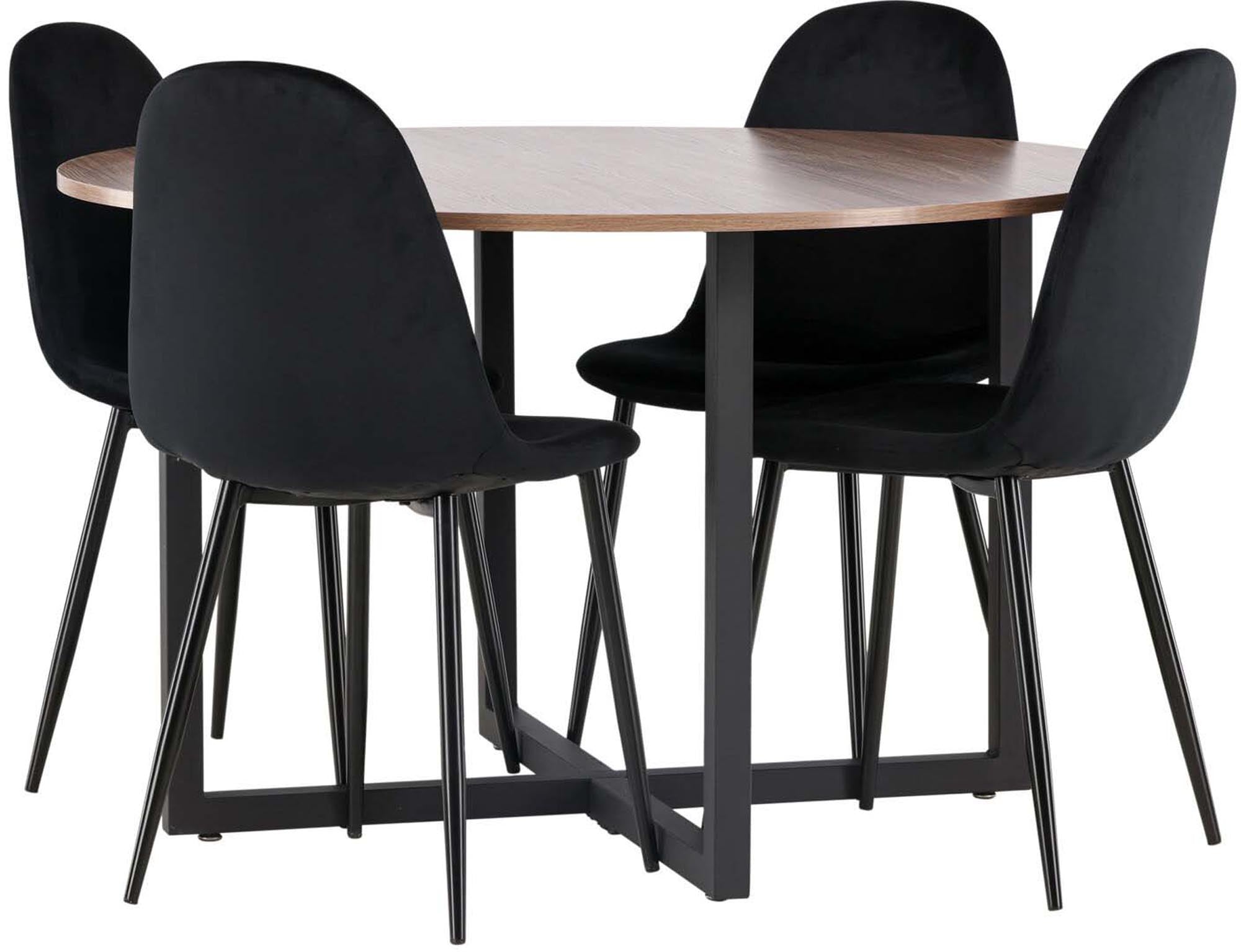 Elegantes Durango Esszimmerset + Polar: Runder Tisch und bequeme Stühle im skandinavischen Stil für gesellige Momente.