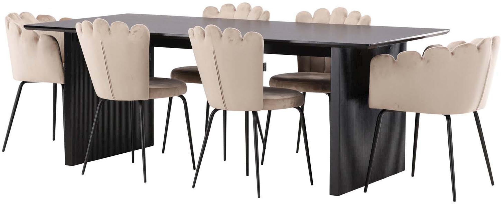 Modernes Vail Esszimmerset: 200cm Tisch in edlem Schwarz, ergänzt durch 4 elegante Samtstühle. Ideal für stilvolle Esszimmer und gesellige Zusammenkünfte.