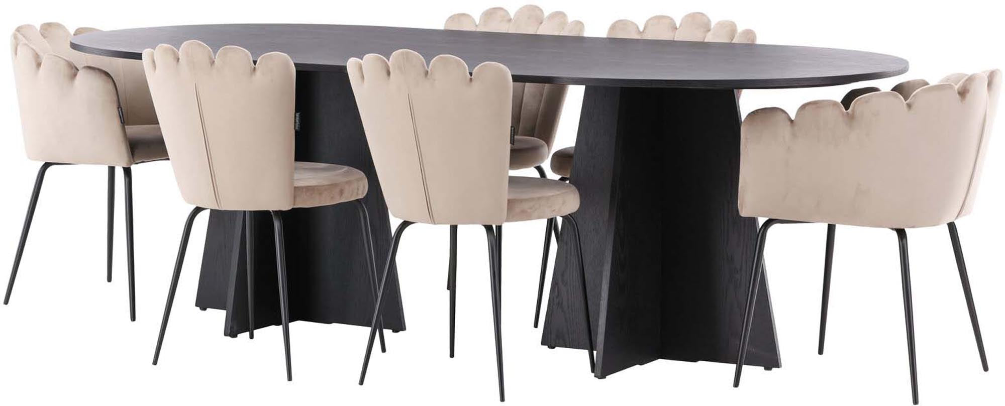Elegantes Esszimmerset mit ovalem MDF-Tisch und beigen Samtstühlen. Modernes Design für stilvolle Abende.