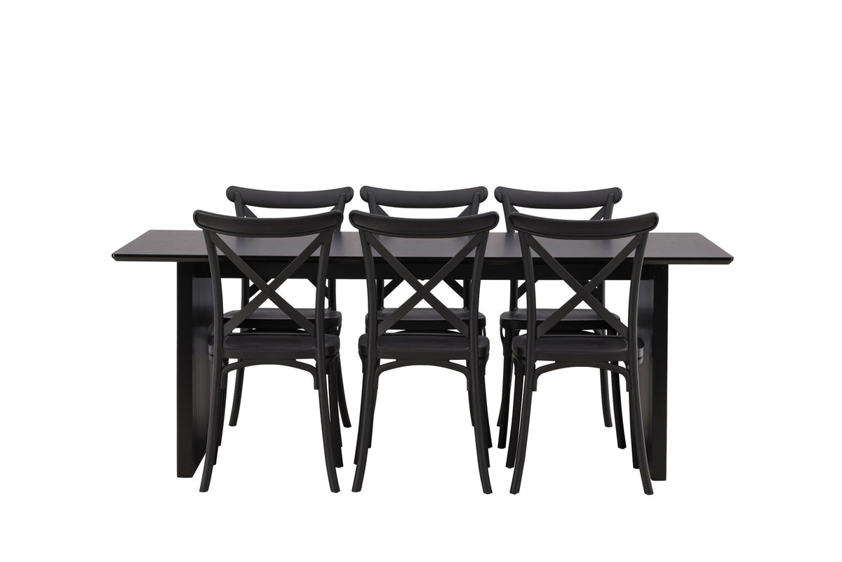 Esszimmerset aus rechteckigem MDF-Tisch in Rauchschwarz mit sechs Limhamn-Stühlen, beiger Samtbezug, muschelförmige Rückenlehne, schwarze Metallbeine.