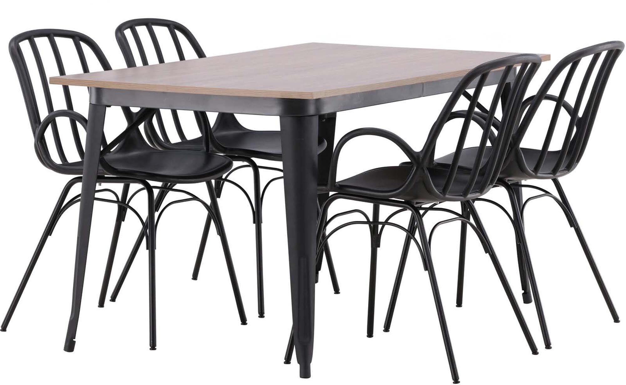 Modernes Esszimmerset von Venture Home mit robustem Tisch und komfortablen Dyrön Stühlen. Ideal für gesellige Abende und stilvolle Akzente.