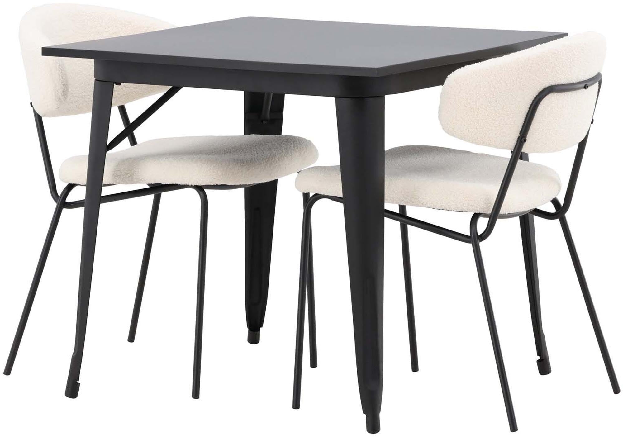 Elegantes Esszimmerset: Schwarzer MDF-Tisch, Bouclé-Stühle, ideal für kleine Räume. Modern, funktional, stilvoll.