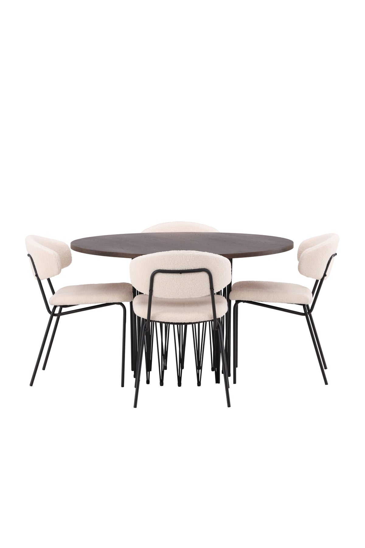 Rundes Esszimmerset mit Steinlook-Tisch aus MDF und Mocca-Furnier, schwarzem Metallgestell und vier Limhamn-Stühlen mit beigem Samtbezug.