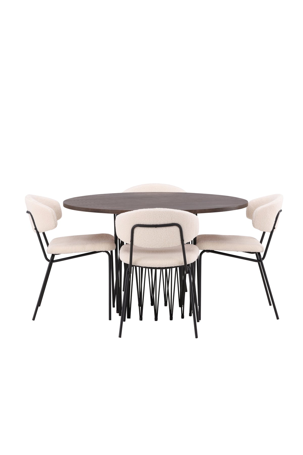 Rundes Esszimmerset mit Steinlook-Tisch aus MDF und Mocca-Furnier, schwarzem Metallgestell und vier Limhamn-Stühlen mit beigem Samtbezug.