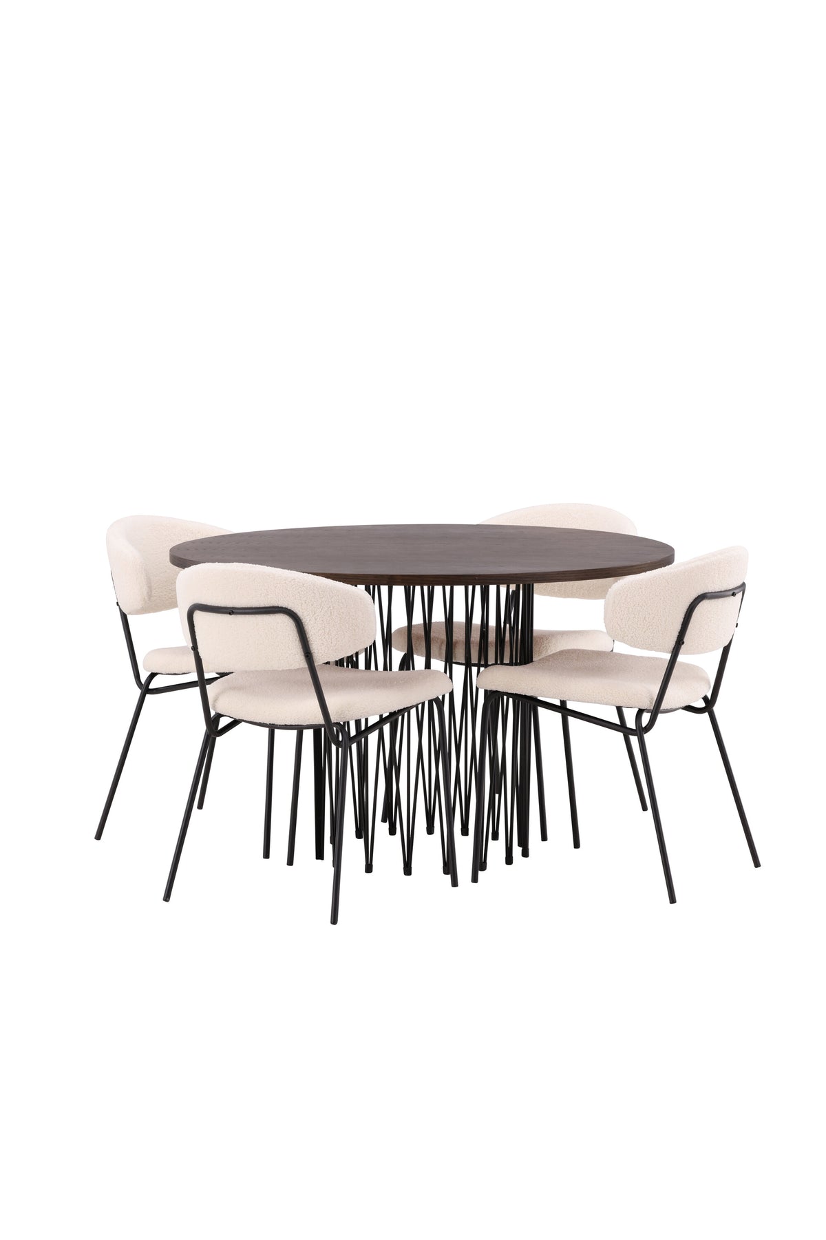 Rundes Esszimmerset mit Steinlook-Tisch aus MDF und Mocca-Furnier, schwarzem Metallgestell und vier Limhamn-Stühlen mit beigem Samtbezug.