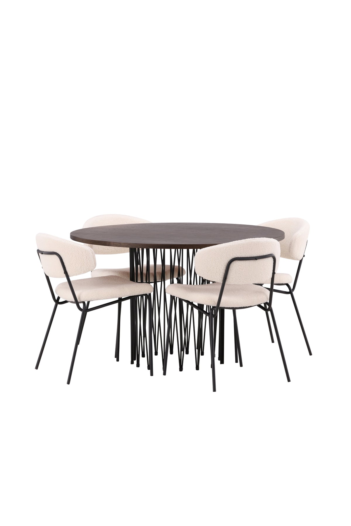 Rundes Esszimmerset mit Steinlook-Tisch aus MDF und Mocca-Furnier, schwarzem Metallgestell und vier Limhamn-Stühlen mit beigem Samtbezug.