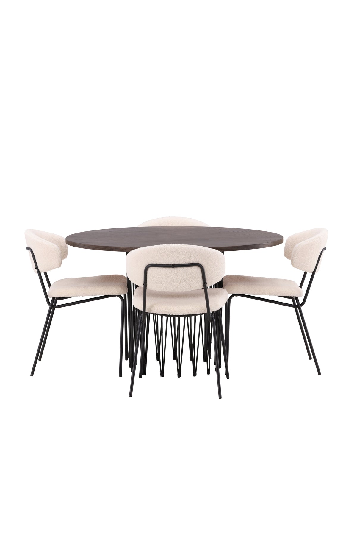 Rundes Esszimmerset mit Steinlook-Tisch aus MDF und Mocca-Furnier, schwarzem Metallgestell und vier Limhamn-Stühlen mit beigem Samtbezug.