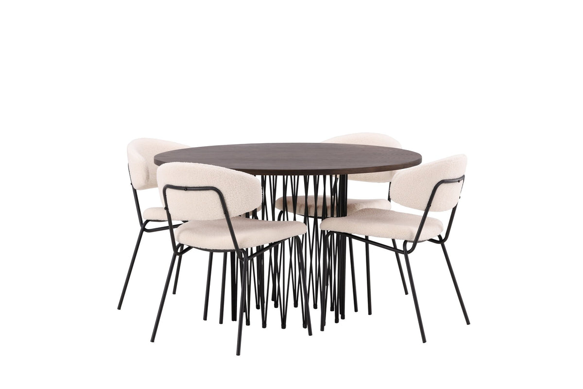 Rundes Esszimmerset mit Steinlook-Tisch aus MDF und Mocca-Furnier, schwarzem Metallgestell und vier Limhamn-Stühlen mit beigem Samtbezug.