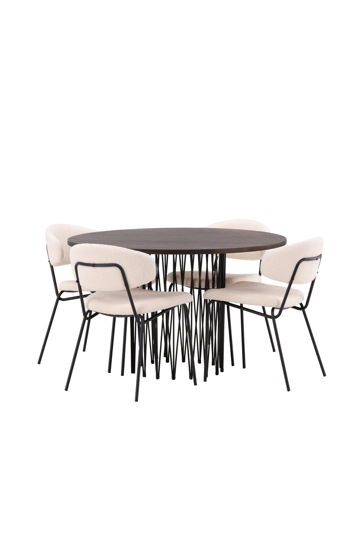 Rundes Esszimmerset mit Steinlook-Tisch aus MDF und Mocca-Furnier, schwarzem Metallgestell und vier Limhamn-Stühlen mit beigem Samtbezug.