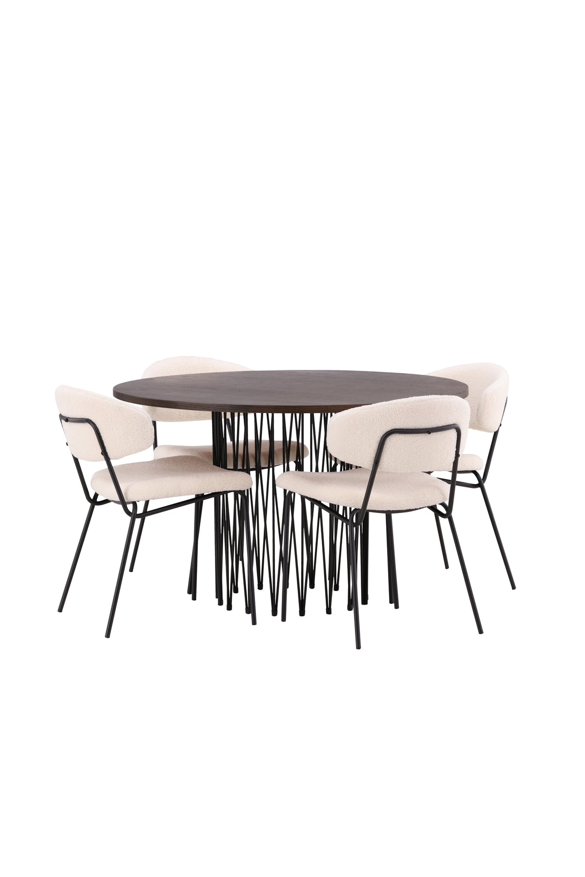 Rundes Esszimmerset mit Steinlook-Tisch aus MDF und Mocca-Furnier, schwarzem Metallgestell und vier Limhamn-Stühlen mit beigem Samtbezug.