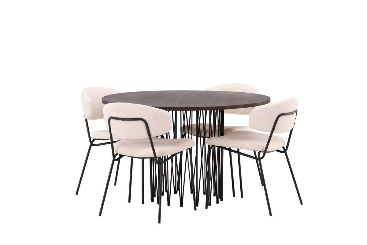 Rundes Esszimmerset mit Steinlook-Tisch aus MDF und Mocca-Furnier, schwarzem Metallgestell und vier Limhamn-Stühlen mit beigem Samtbezug.
