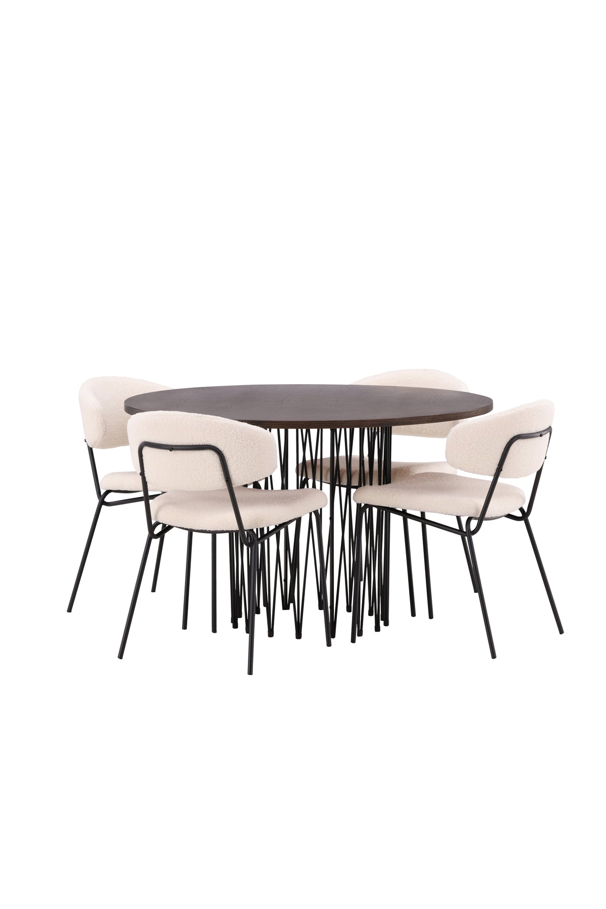 Rundes Esszimmerset mit Steinlook-Tisch aus MDF und Mocca-Furnier, schwarzem Metallgestell und vier Limhamn-Stühlen mit beigem Samtbezug.