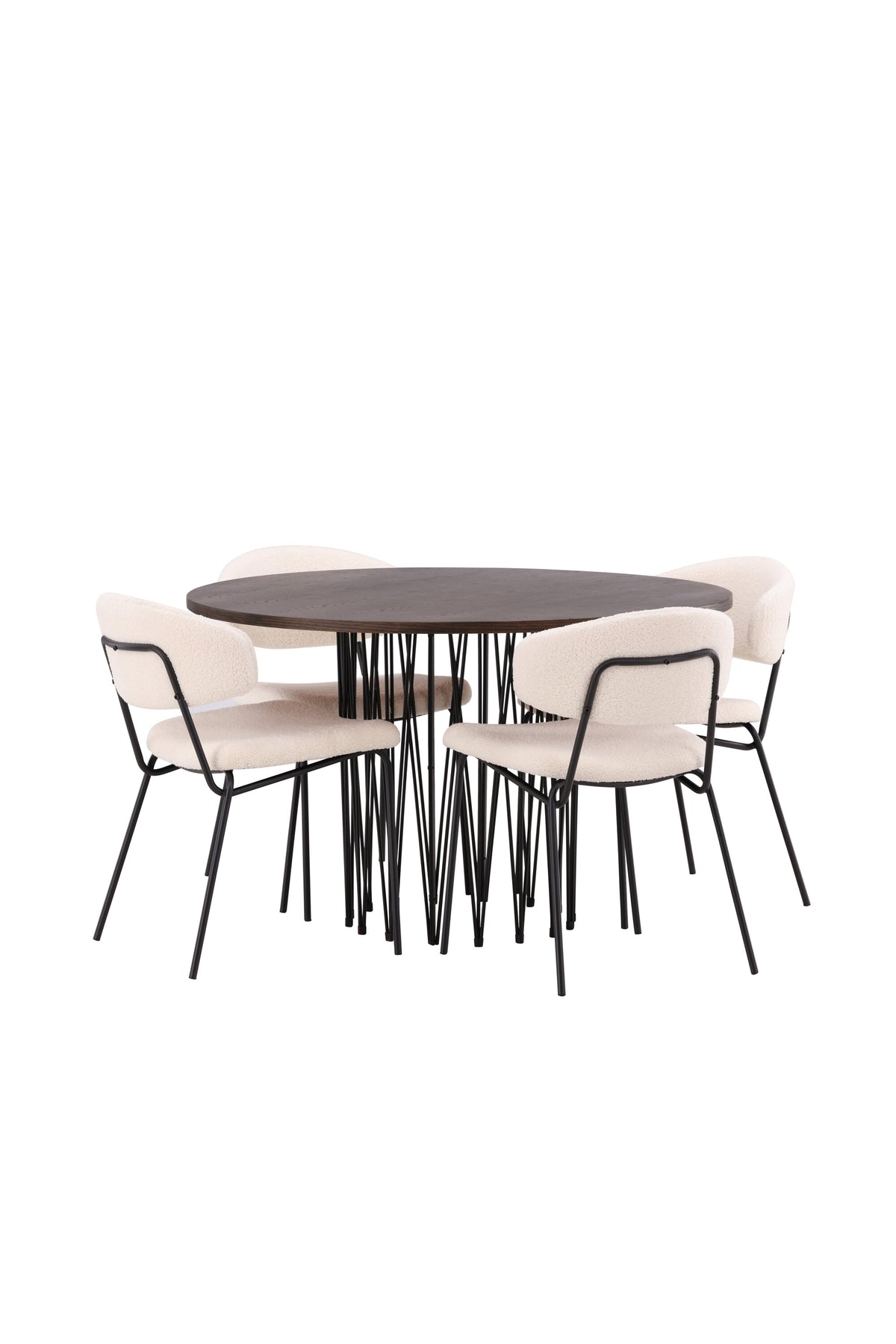 Rundes Esszimmerset mit Steinlook-Tisch aus MDF und Mocca-Furnier, schwarzem Metallgestell und vier Limhamn-Stühlen mit beigem Samtbezug.