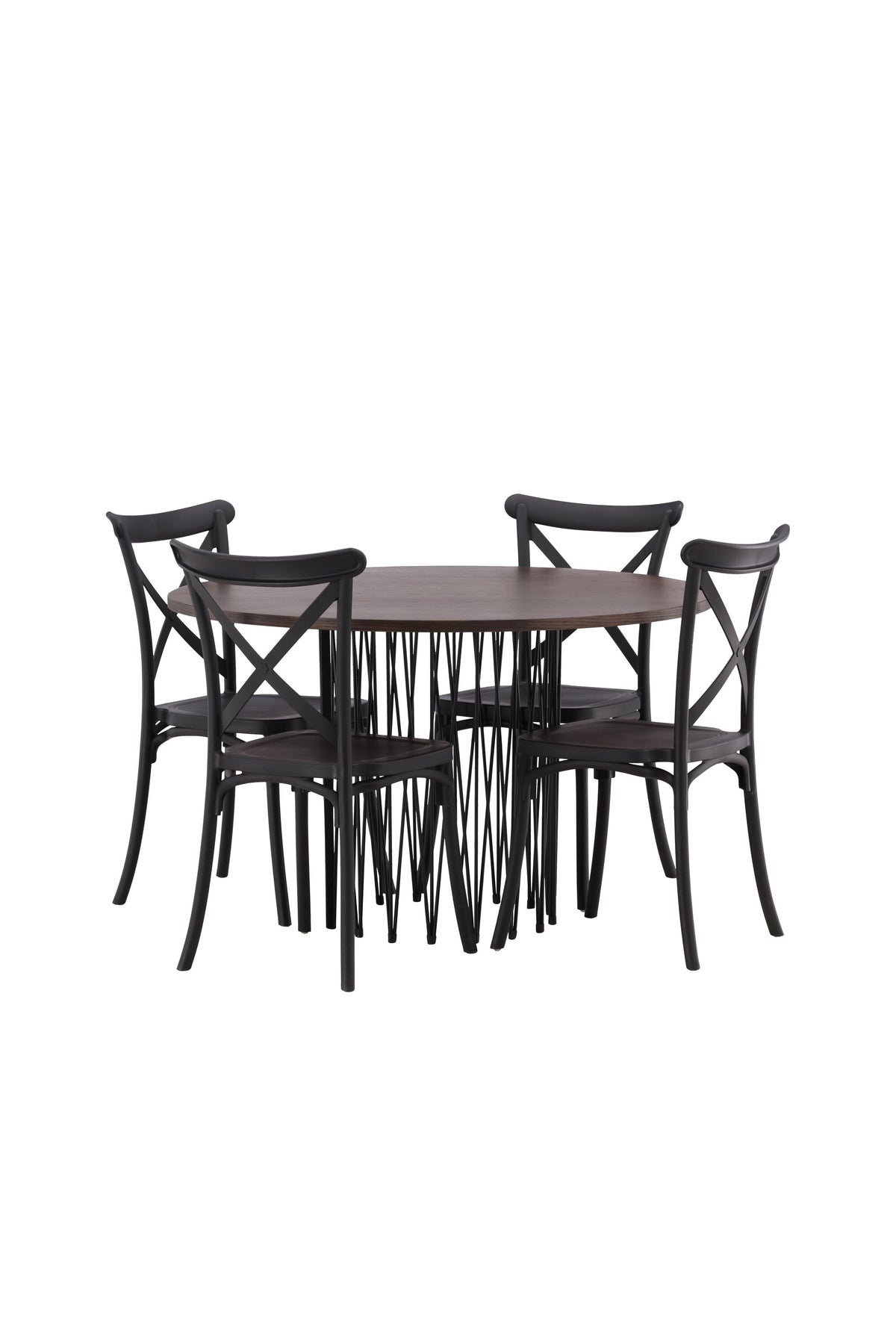 Rundes Esszimmerset mit Steinlook-Tisch aus MDF und Mocca-Furnier, schwarzem Metallgestell und vier Limhamn-Stühlen mit beigem Samtbezug.