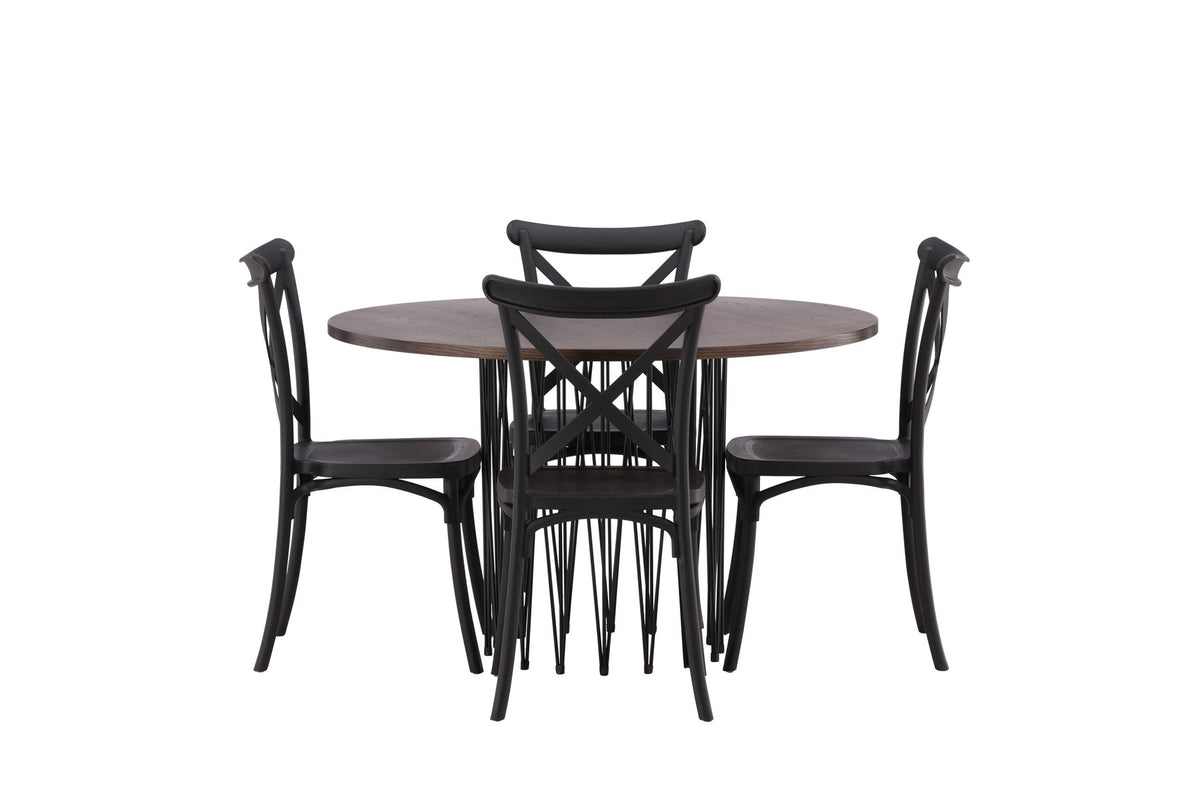 Rundes Esszimmerset mit Steinlook-Tisch aus MDF und Mocca-Furnier, schwarzem Metallgestell und vier Limhamn-Stühlen mit beigem Samtbezug.