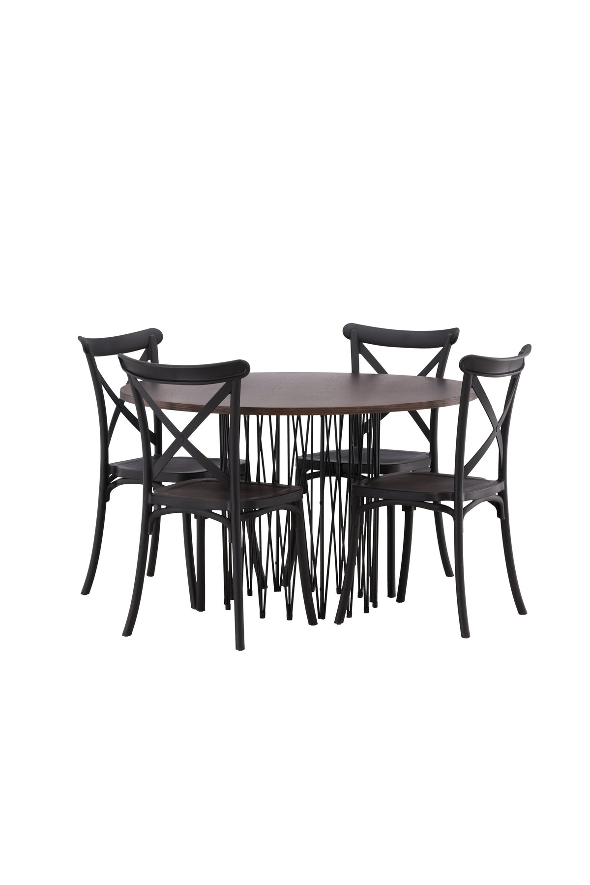 Rundes Esszimmerset mit Steinlook-Tisch aus MDF und Mocca-Furnier, schwarzem Metallgestell und vier Limhamn-Stühlen mit beigem Samtbezug.