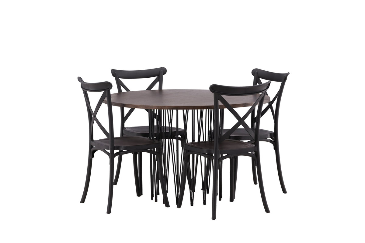 Rundes Esszimmerset mit Steinlook-Tisch aus MDF und Mocca-Furnier, schwarzem Metallgestell und vier Limhamn-Stühlen mit beigem Samtbezug.